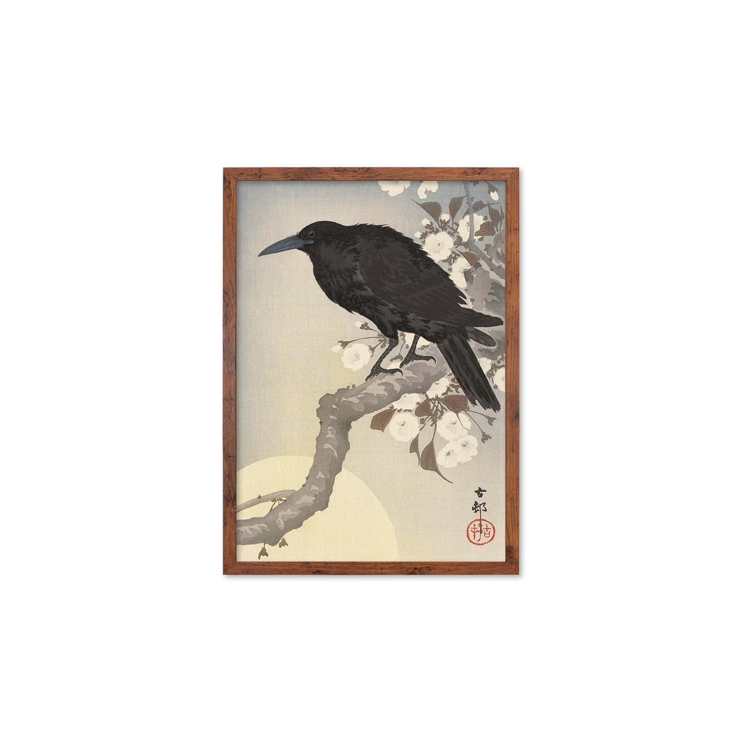 Japanese Art Crow Full Moon Print Poster Woodblock Ukiyo-e Ohara Koson Shoson Raven Bird Framed Mounted Wall Nature Landscape Elegant A3 A2