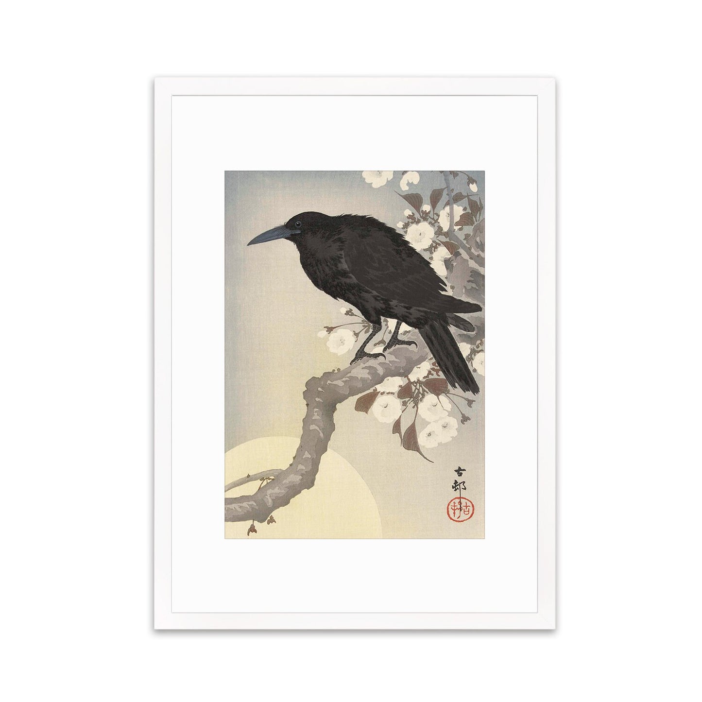 Japanese Art Crow Full Moon Print Poster Woodblock Ukiyo-e Ohara Koson Shoson Raven Bird Framed Mounted Wall Nature Landscape Elegant A3 A2