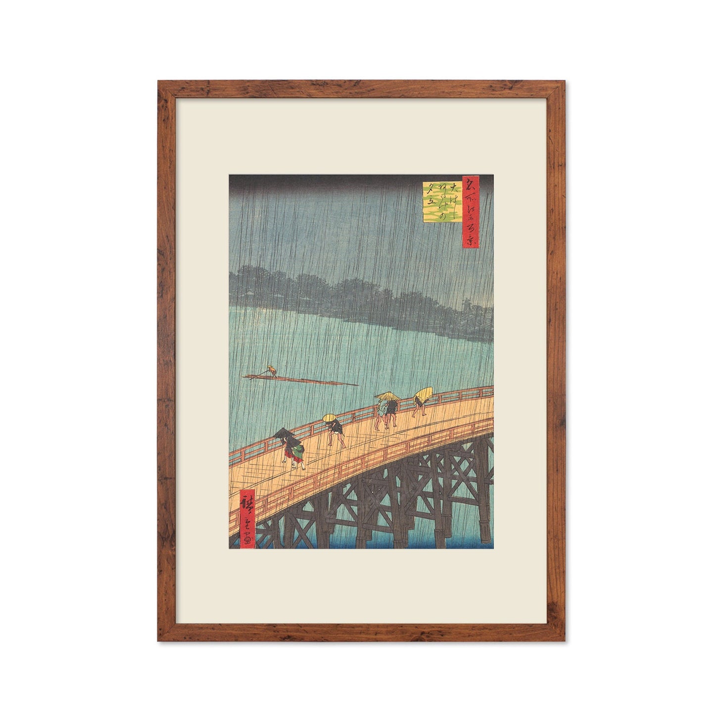 Japanese Art Rain Print Poster Woodblock Ukiyo-e Framed Mounted Wall Hiroshige Sudden Shower over Shin-Ohashi Bridge and Atake Calligraphy