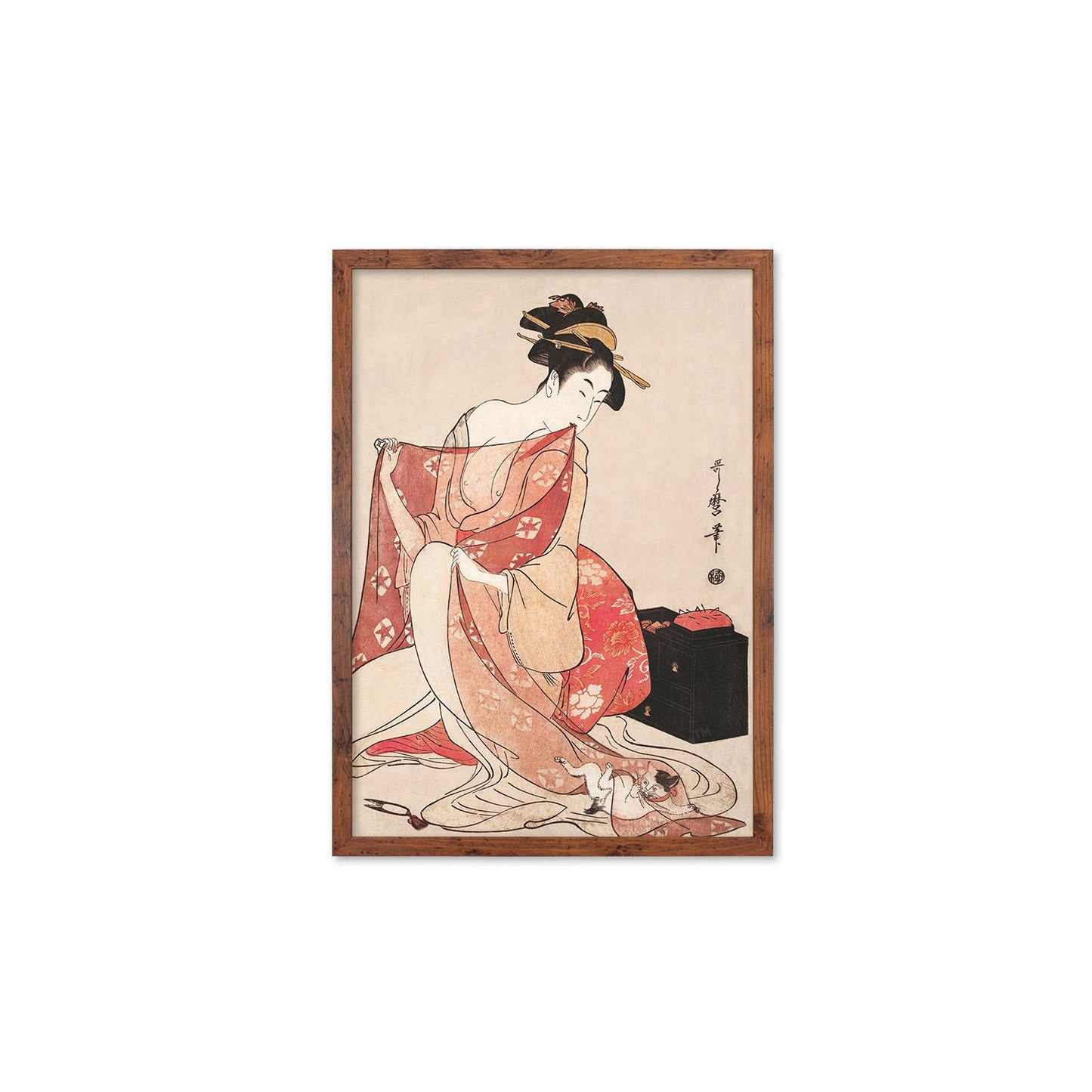Japanese Art Geisha Cat Framed Mounted Ukiyo-e Wall Decor Print Poster Woodblock Kitagawa Utamaro Maiko Neko Kimono Tattoo Cute Beautiful A2
