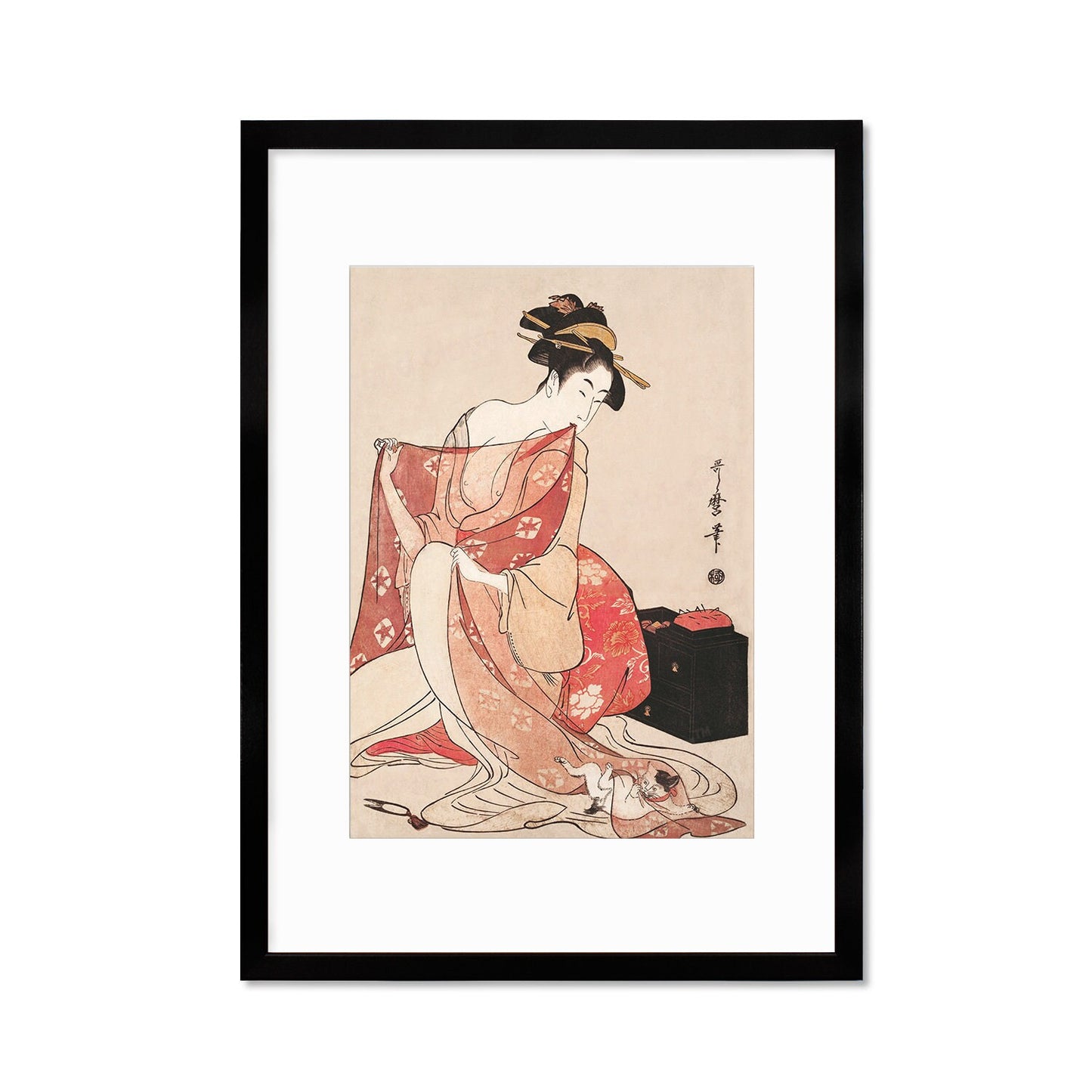Japanese Art Geisha Cat Framed Mounted Ukiyo-e Wall Decor Print Poster Woodblock Kitagawa Utamaro Maiko Neko Kimono Tattoo Cute Beautiful A2