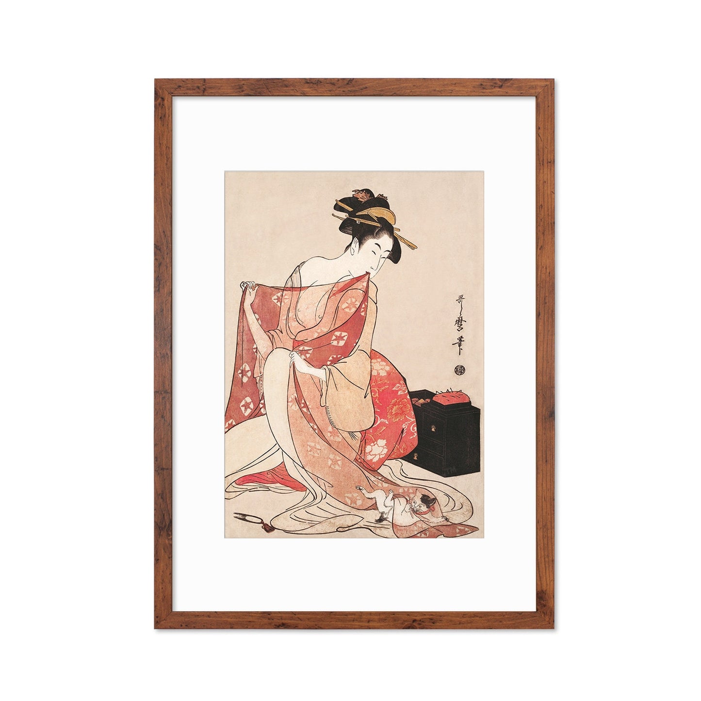Japanese Art Geisha Cat Framed Mounted Ukiyo-e Wall Decor Print Poster Woodblock Kitagawa Utamaro Maiko Neko Kimono Tattoo Cute Beautiful A2