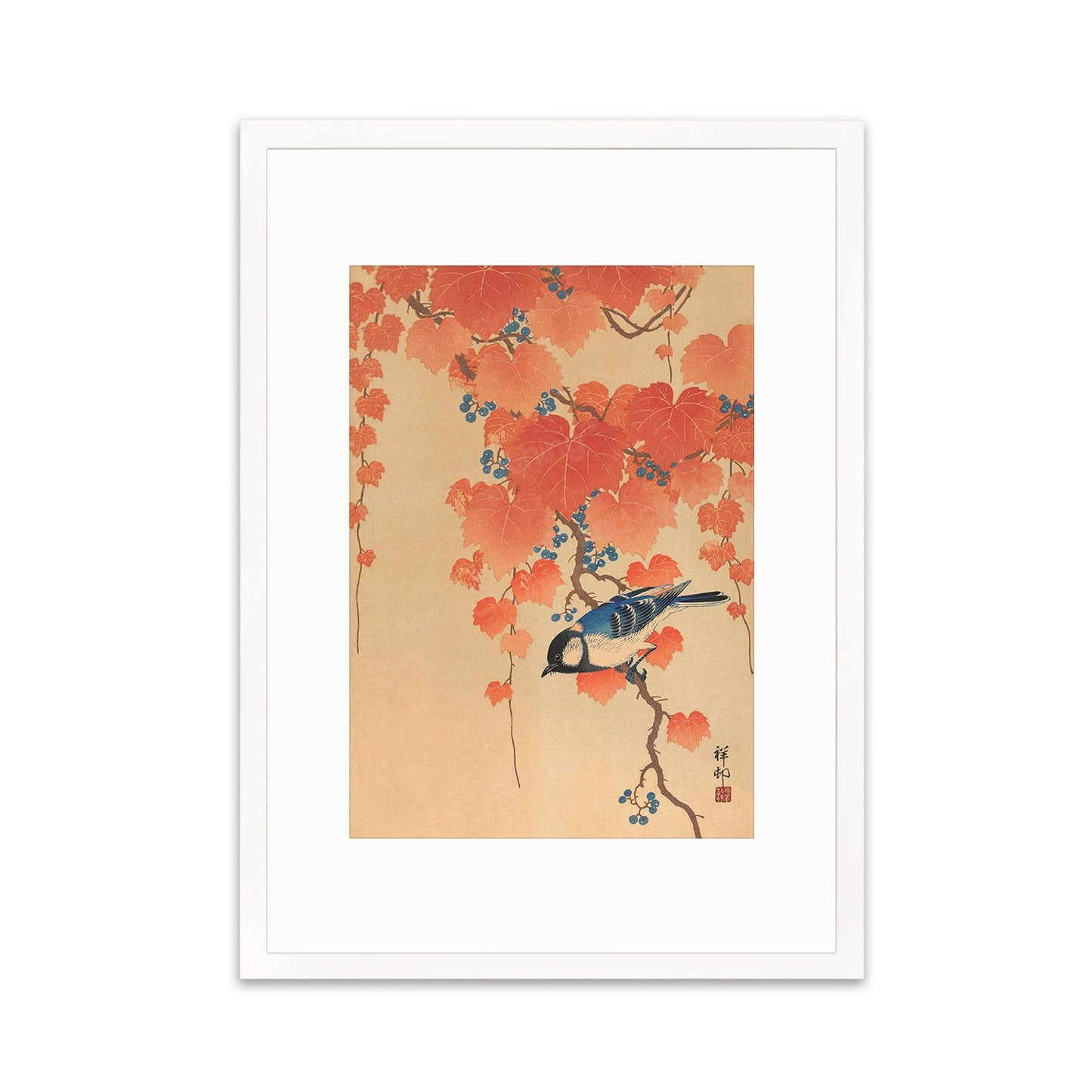 Japanese Art Great Tit Maple Print Poster Woodblock Ukiyo-e Ohara Koson Shoson Leaves Ivy Paulownia Bird Beautiful Aesthetic Kacho-e A3 A2