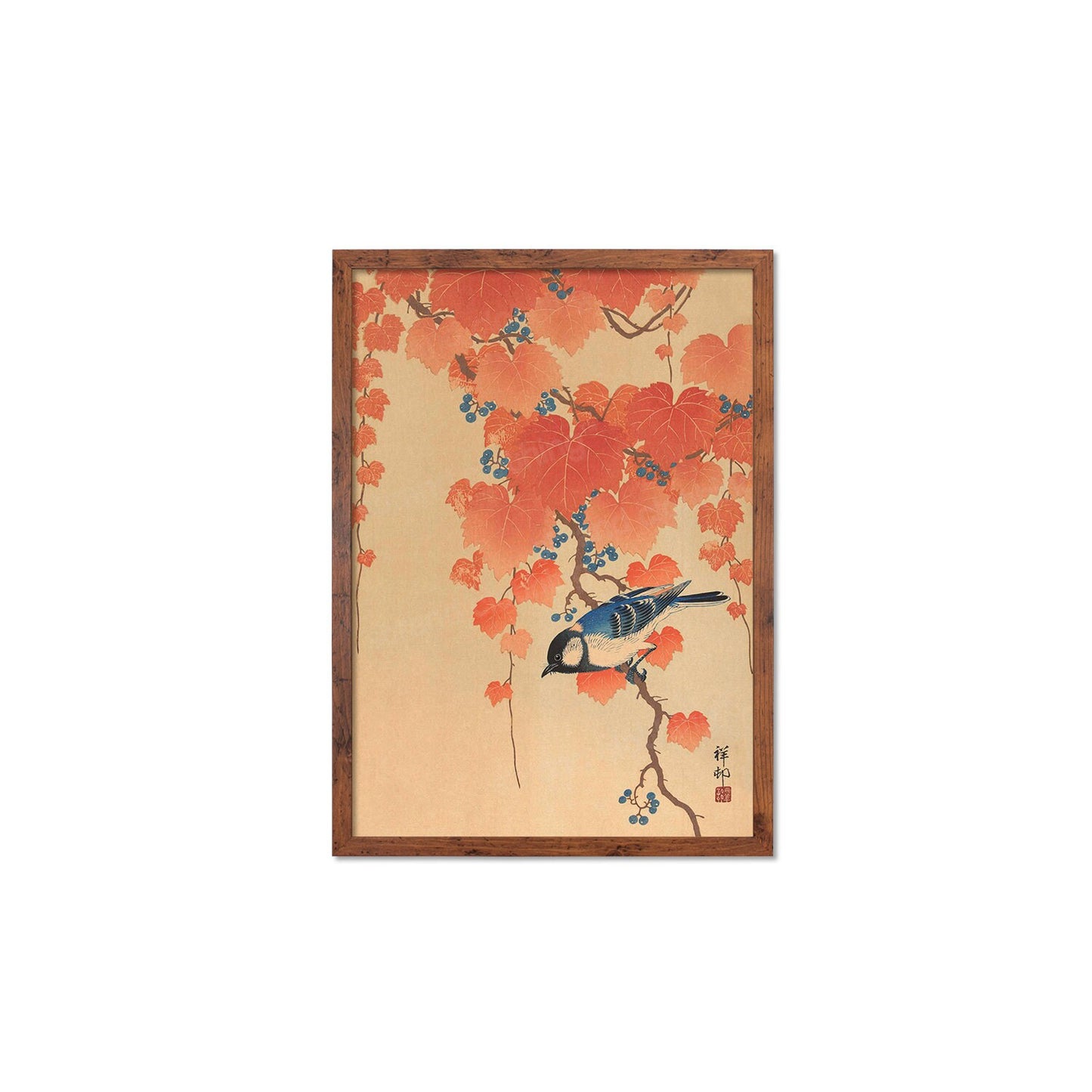 Japanese Art Great Tit Maple Print Poster Woodblock Ukiyo-e Ohara Koson Shoson Leaves Ivy Paulownia Bird Beautiful Aesthetic Kacho-e A3 A2