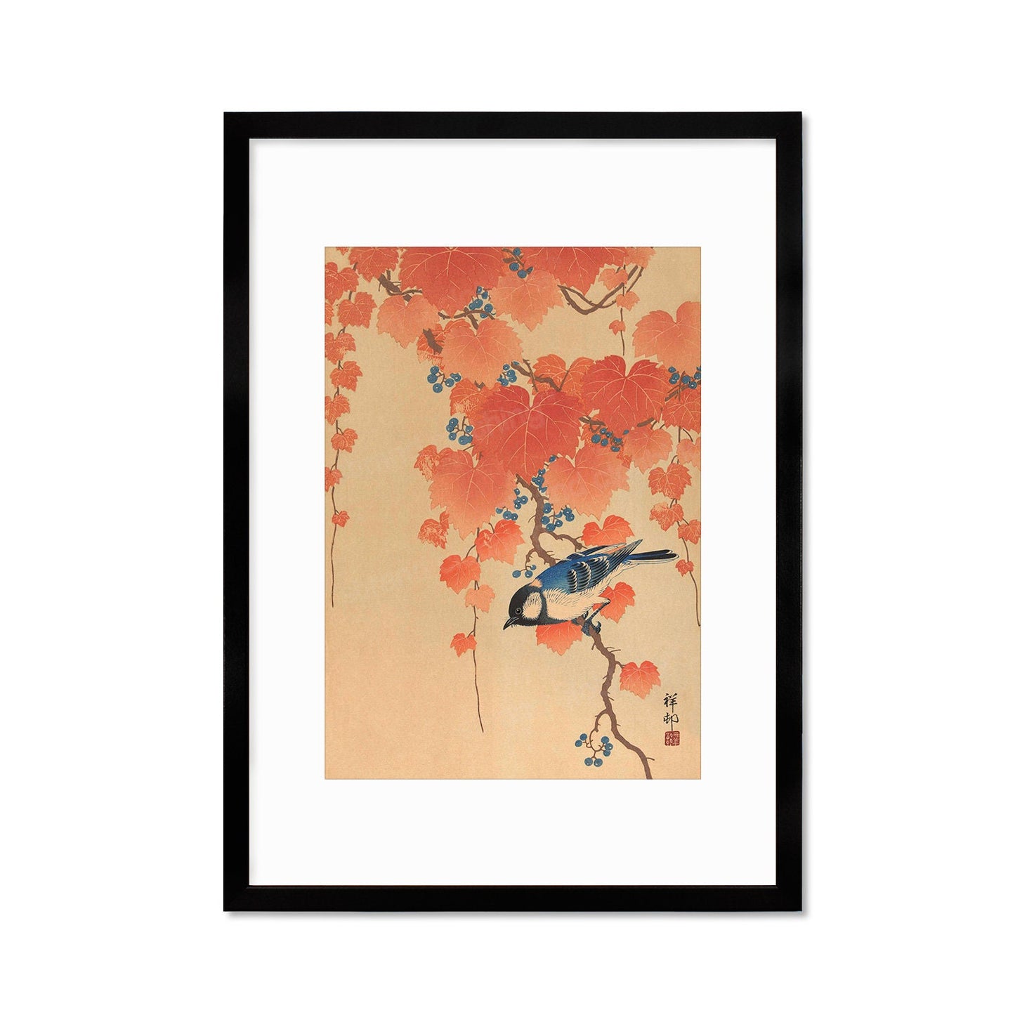 Japanese Art Great Tit Maple Print Poster Woodblock Ukiyo-e Ohara Koson Shoson Leaves Ivy Paulownia Bird Beautiful Aesthetic Kacho-e A3 A2