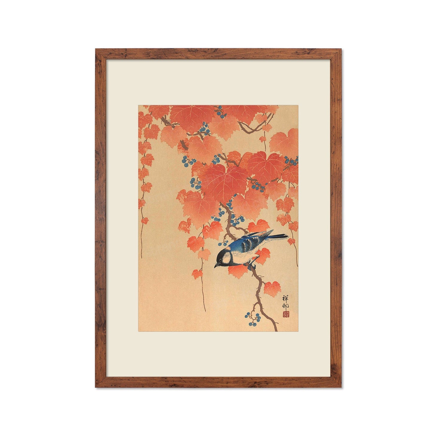 Japanese Art Great Tit Maple Print Poster Woodblock Ukiyo-e Ohara Koson Shoson Leaves Ivy Paulownia Bird Beautiful Aesthetic Kacho-e A3 A2