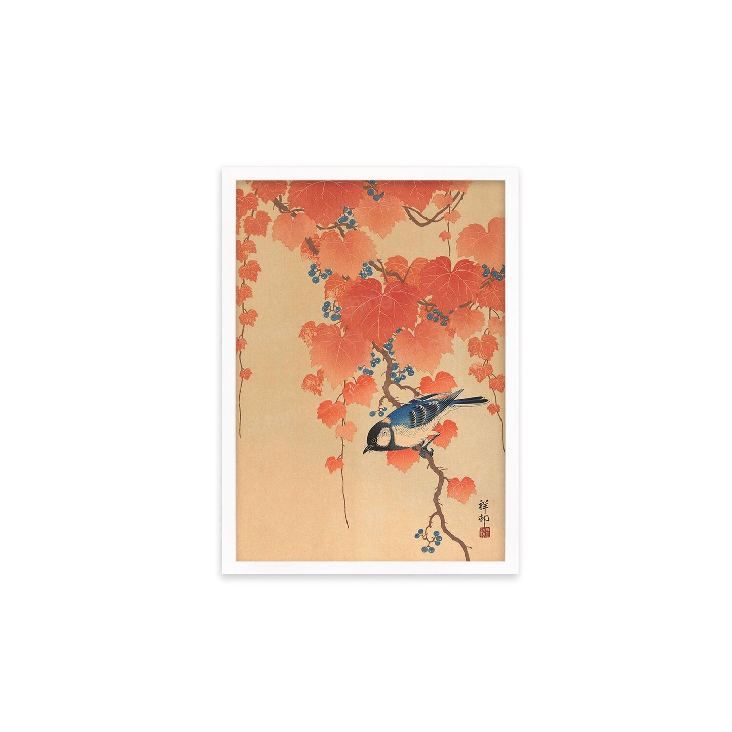 Japanese Art Great Tit Maple Print Poster Woodblock Ukiyo-e Ohara Koson Shoson Leaves Ivy Paulownia Bird Beautiful Aesthetic Kacho-e A3 A2
