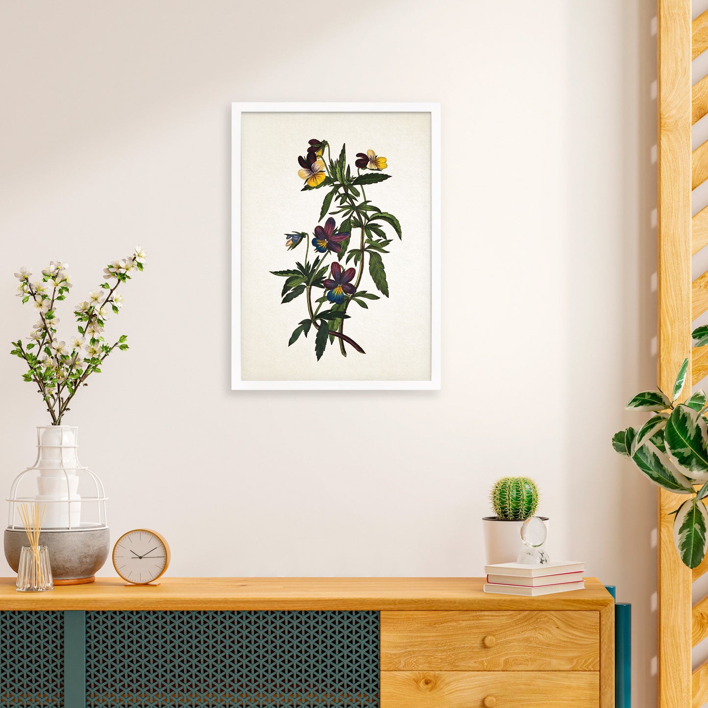 Framed Mounted Antique Botanical Art Print Poster Vintage Wall Flowers Floral Pansy Violets Nature Leaf Plant Illustration Victorian Pretty