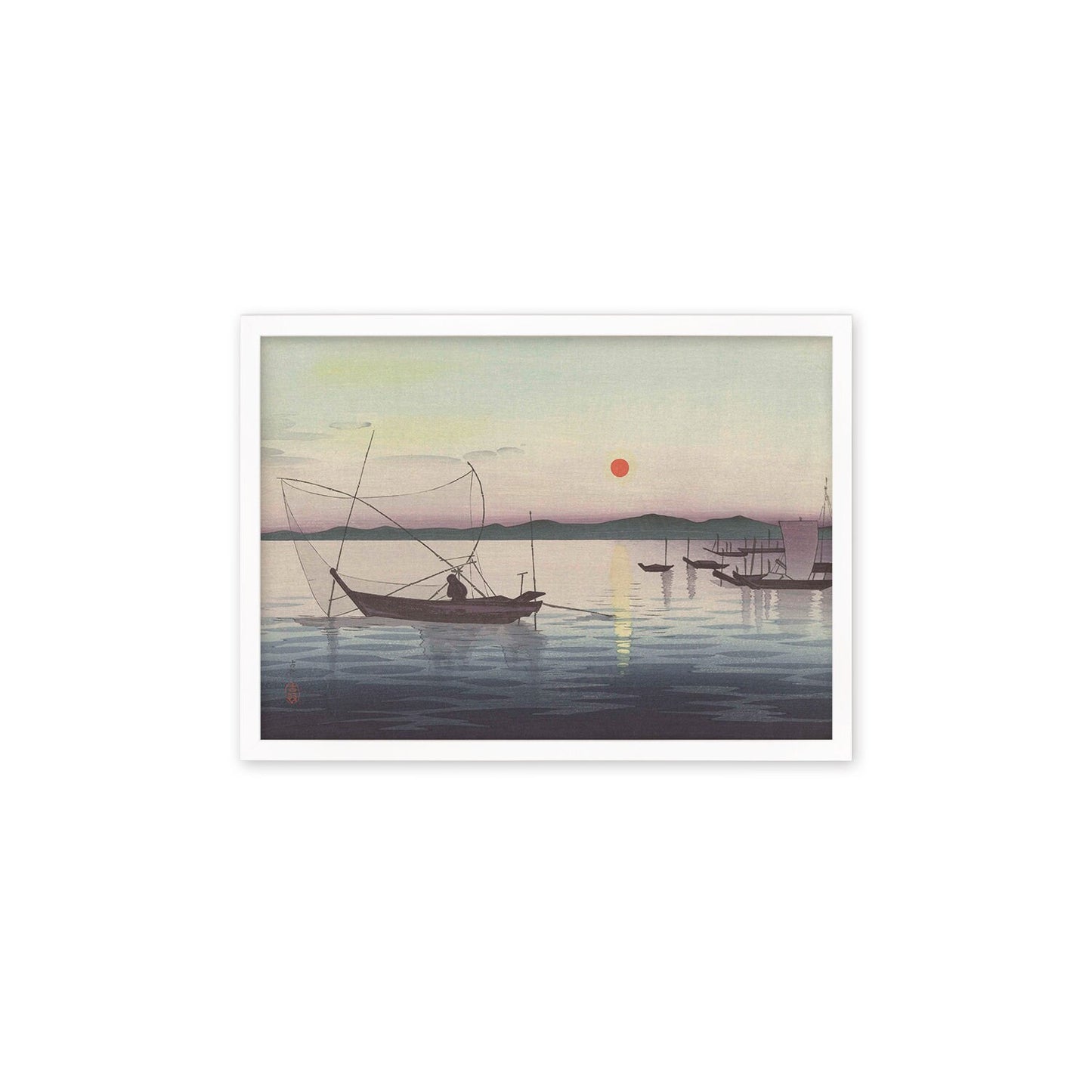 Japanese Art Sunset Ocean Framed Mounted Ukiyo-e Wall Decor Print Poster Woodblock Koson Shoson Boats & Setting Sun Sea Seascape Beautiful