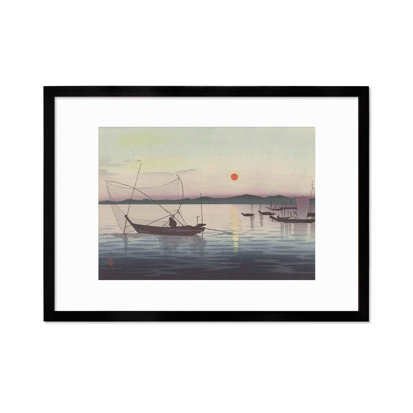 Japanese Art Sunset Ocean Framed Mounted Ukiyo-e Wall Decor Print Poster Woodblock Koson Shoson Boats & Setting Sun Sea Seascape Beautiful