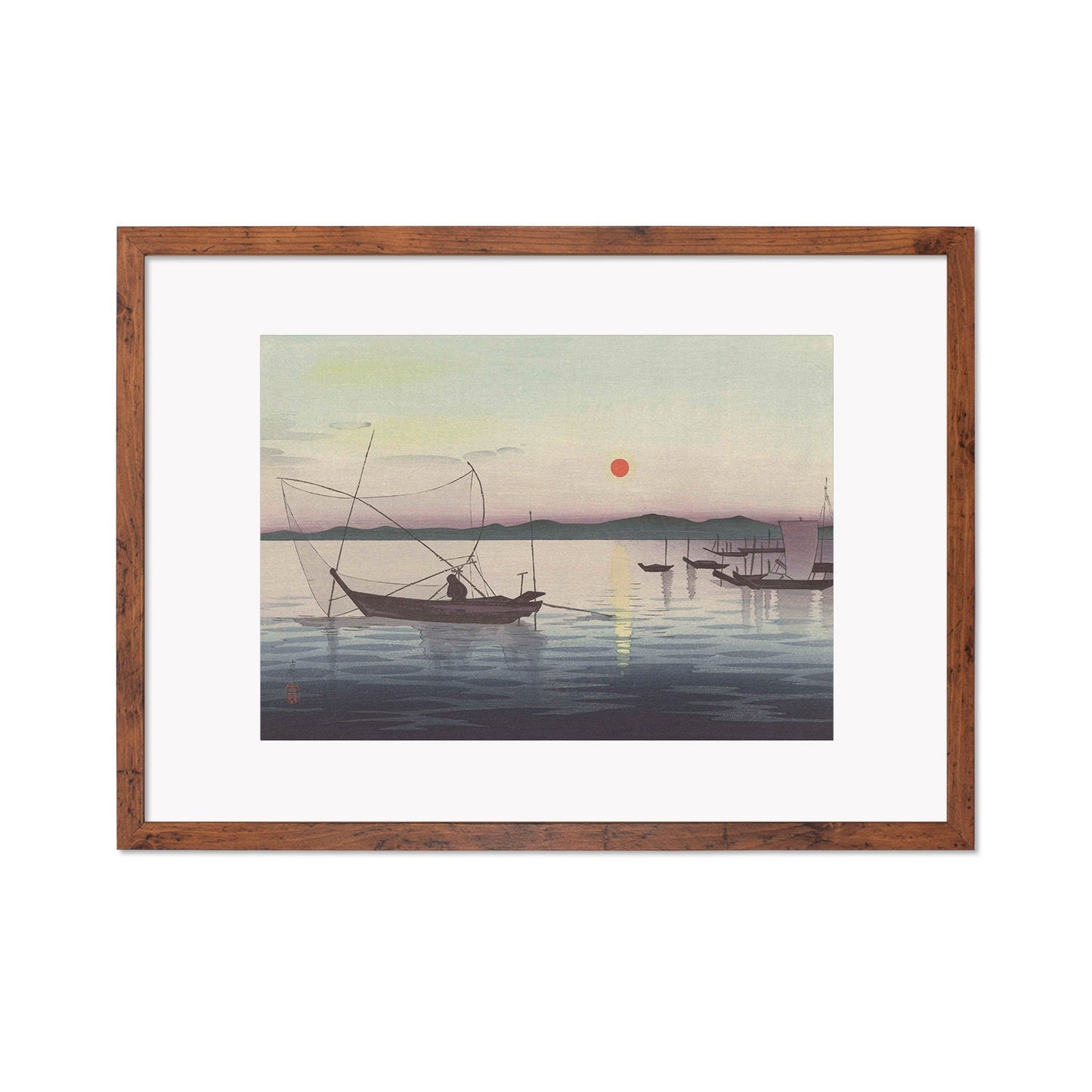 Japanese Art Sunset Ocean Framed Mounted Ukiyo-e Wall Decor Print Poster Woodblock Koson Shoson Boats & Setting Sun Sea Seascape Beautiful