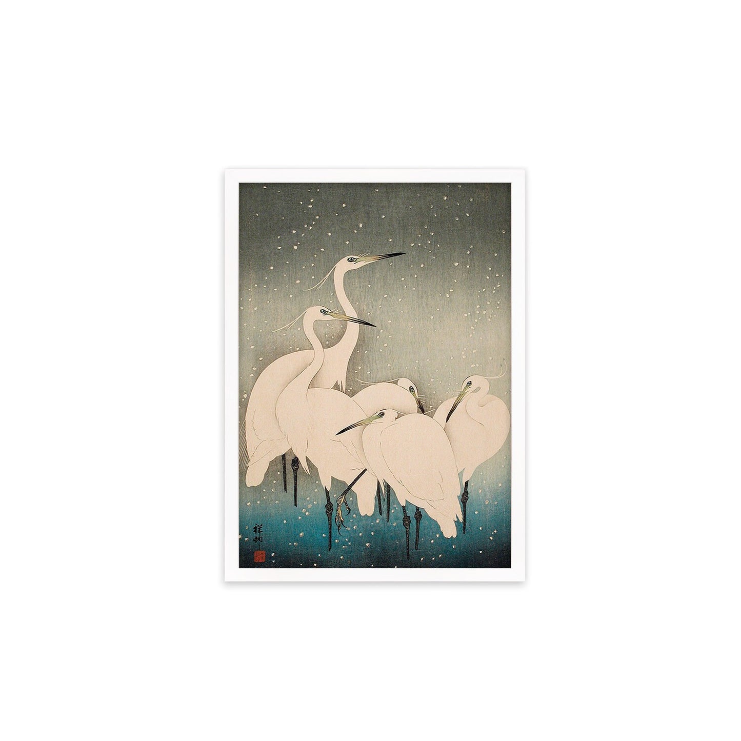 Japanese Art Egrets Cranes Framed Mounted Ukiyo-e Wall Decor Print Poster Woodblock Koson Shoson Heron Bird Calligraphy Beautiful Haiku Snow