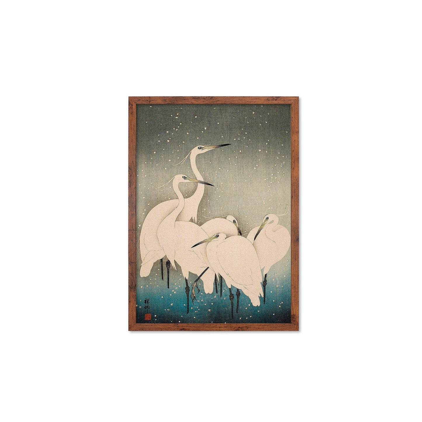 Japanese Art Egrets Cranes Framed Mounted Ukiyo-e Wall Decor Print Poster Woodblock Koson Shoson Heron Bird Calligraphy Beautiful Haiku Snow