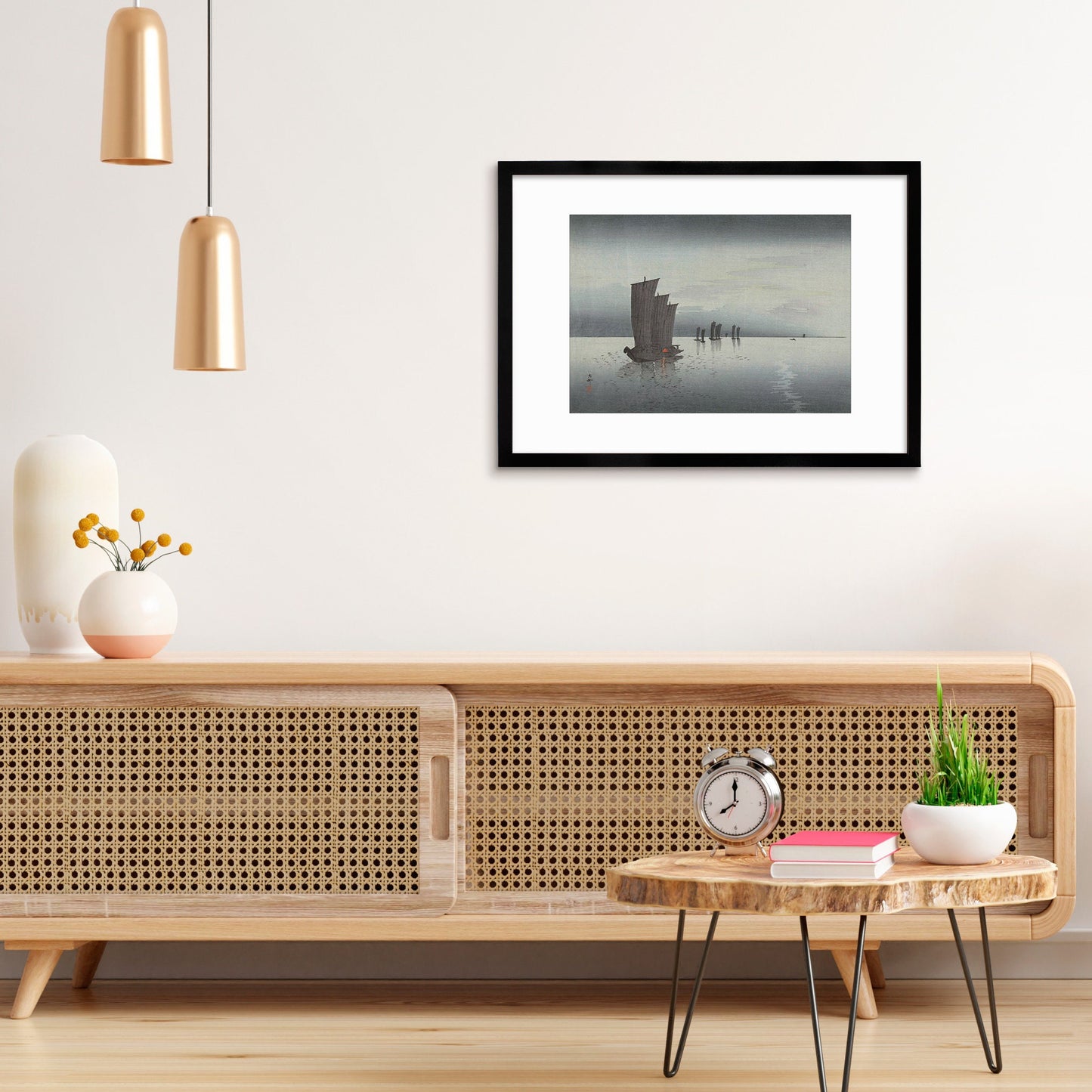 Japanese Art Sunset Sails Framed Mounted Ukiyo-e Wall Decor Print Poster Woodblock Koson Shoson Boats Night Yacht Ship Sea Ocean Beautiful