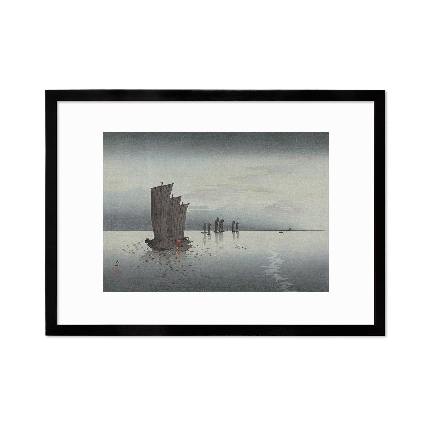 Japanese Art Sunset Sails Framed Mounted Ukiyo-e Wall Decor Print Poster Woodblock Koson Shoson Boats Night Yacht Ship Sea Ocean Beautiful