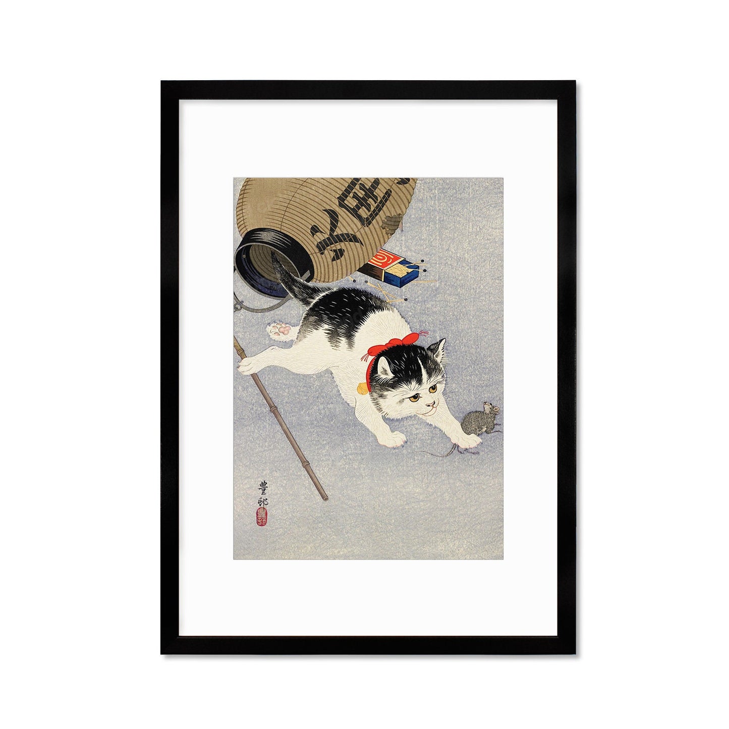 Japanese Art Cat Framed Mounted Ukiyo-e Wall Decor Print Poster Woodblock Koson Shoson Kitten and Lantern Neko Cute Kawaii Pretty Beautiful