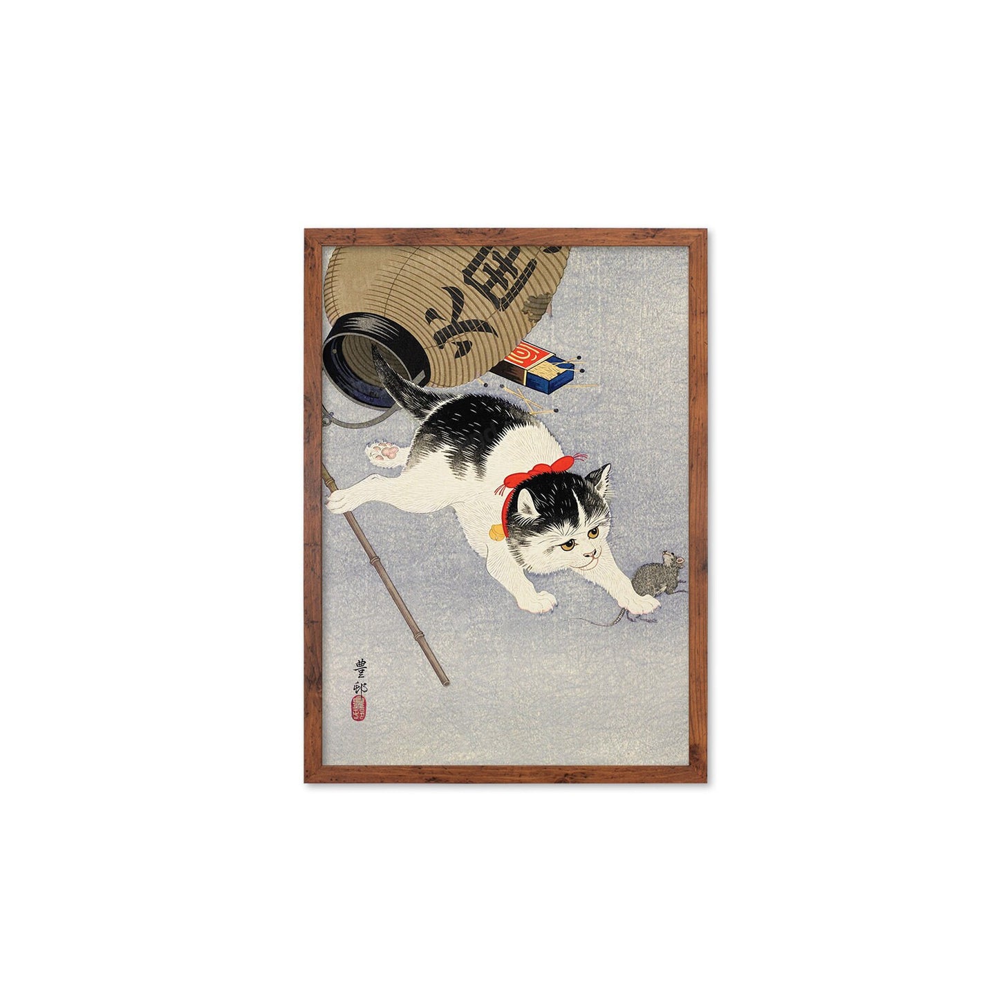 Japanese Art Cat Framed Mounted Ukiyo-e Wall Decor Print Poster Woodblock Koson Shoson Kitten and Lantern Neko Cute Kawaii Pretty Beautiful