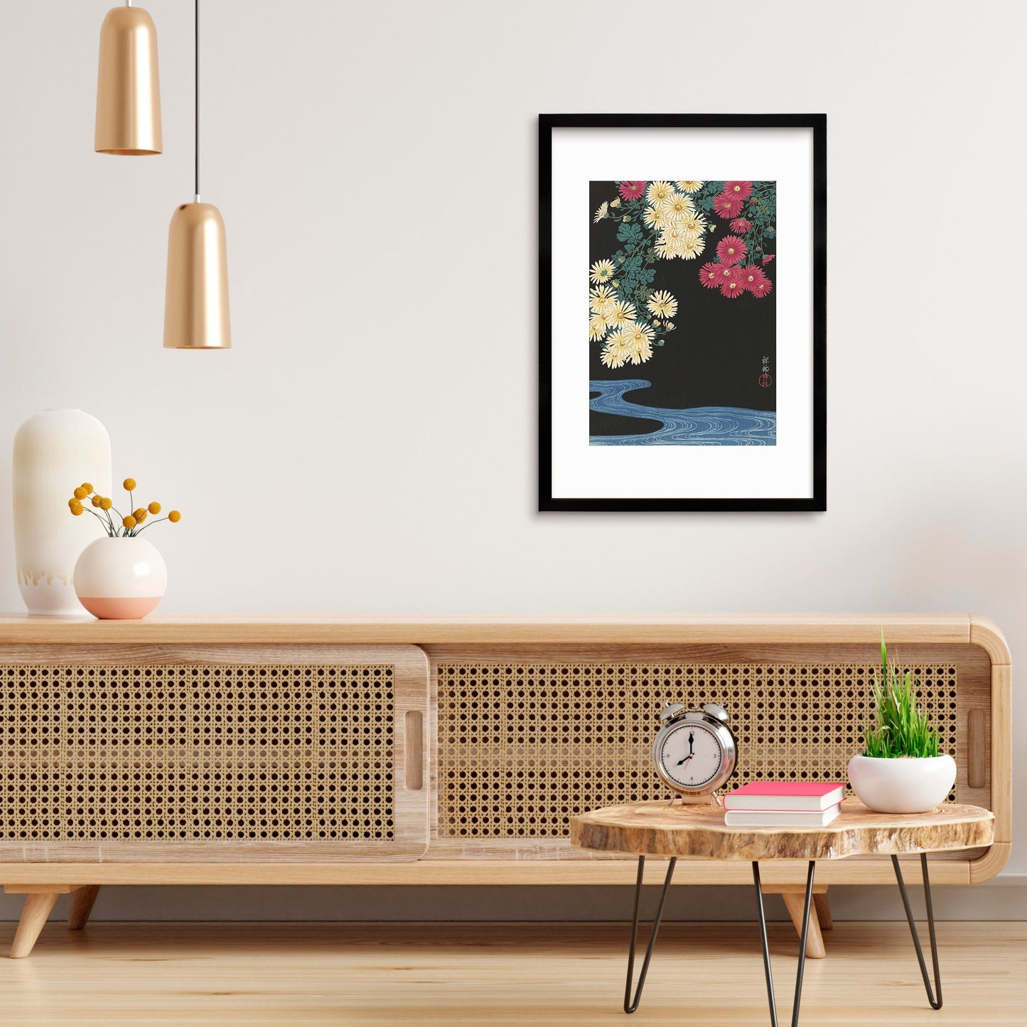 Japanese Art Chrysanthemums Framed Mounted Ukiyo-e Wall Decor Print Poster Woodblock Koson Shoson Flowers and Running Water Beautiful Japan