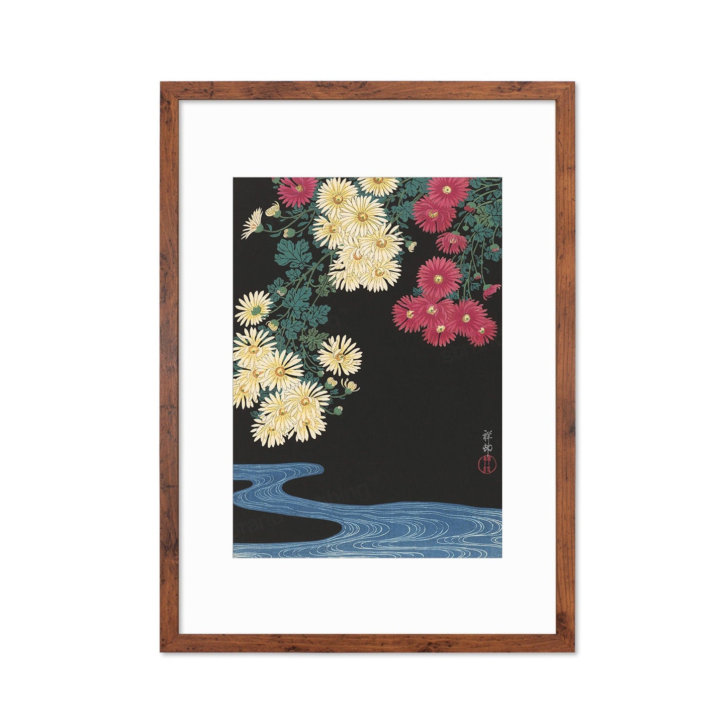 Japanese Art Chrysanthemums Framed Mounted Ukiyo-e Wall Decor Print Poster Woodblock Koson Shoson Flowers and Running Water Beautiful Japan
