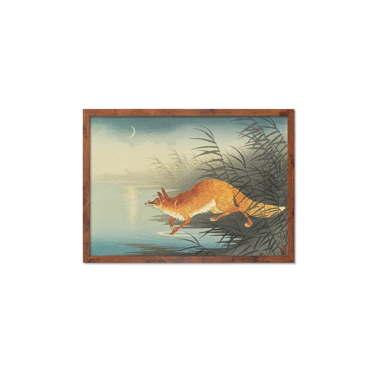 Japanese Art Fox Kitsune Framed Mounted Ukiyo-e Wall Decor Print Poster Woodblock Koson Shoson Moon Beautiful Japan Calligraphy Nature Calm
