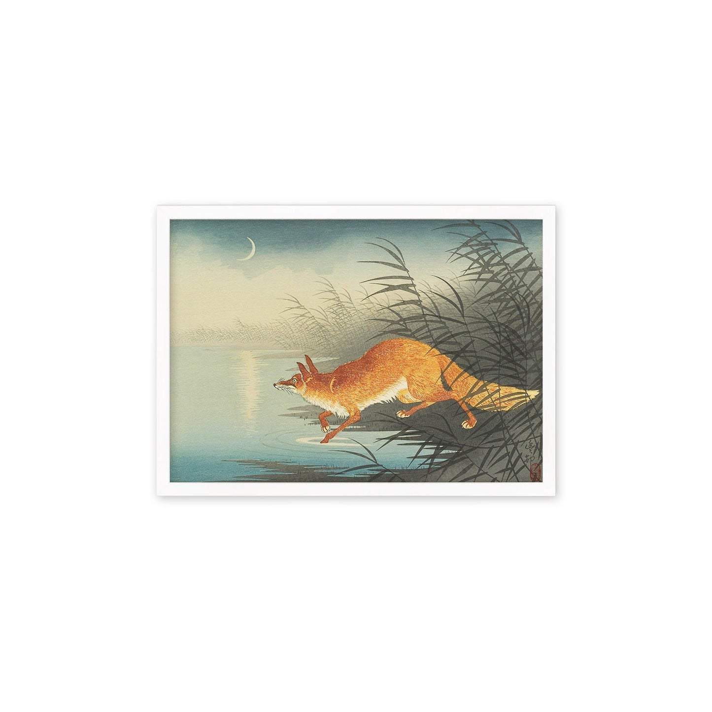 Japanese Art Fox Kitsune Framed Mounted Ukiyo-e Wall Decor Print Poster Woodblock Koson Shoson Moon Beautiful Japan Calligraphy Nature Calm