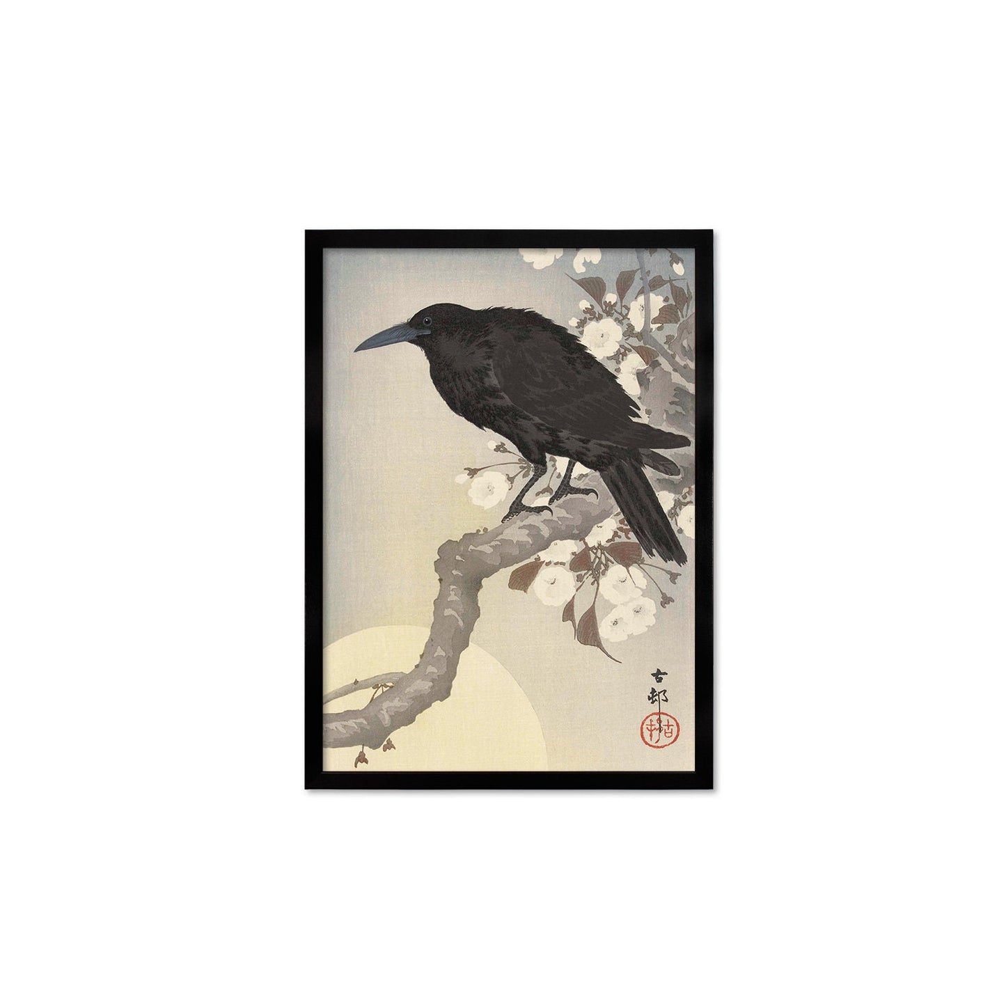 Japanese Art Crow Full Moon Print Poster Woodblock Ukiyo-e Ohara Koson Shoson Raven Bird Framed Mounted Wall Nature Landscape Elegant A3 A2
