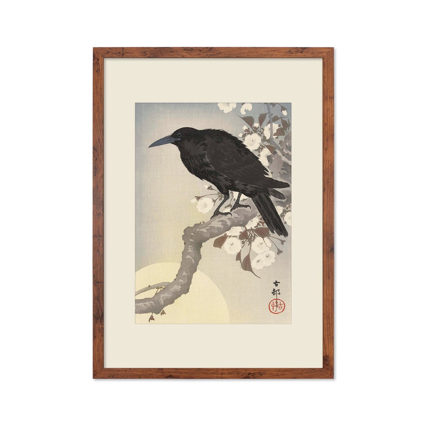 Japanese Art Crow Full Moon Print Poster Woodblock Ukiyo-e Ohara Koson Shoson Raven Bird Framed Mounted Wall Nature Landscape Elegant A3 A2