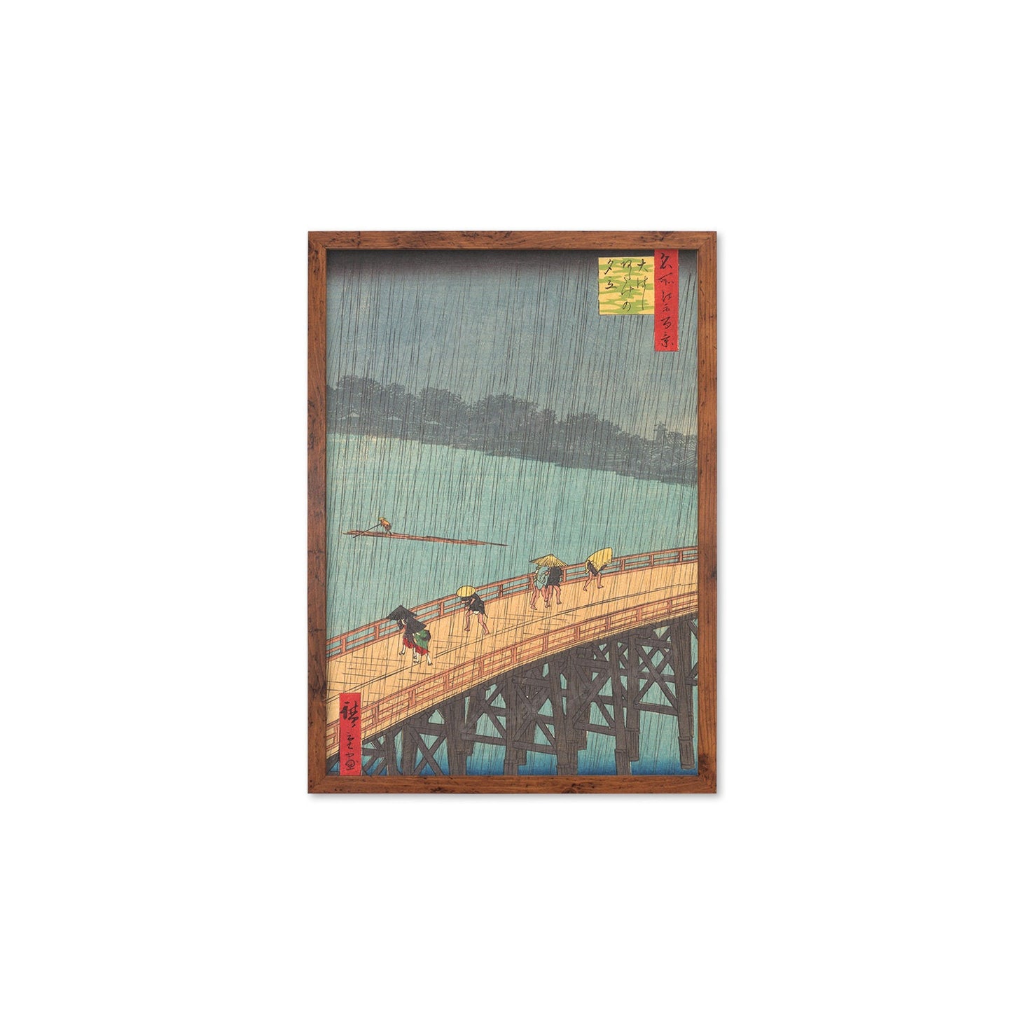 Japanese Art Rain Print Poster Woodblock Ukiyo-e Framed Mounted Wall Hiroshige Sudden Shower over Shin-Ohashi Bridge and Atake Calligraphy
