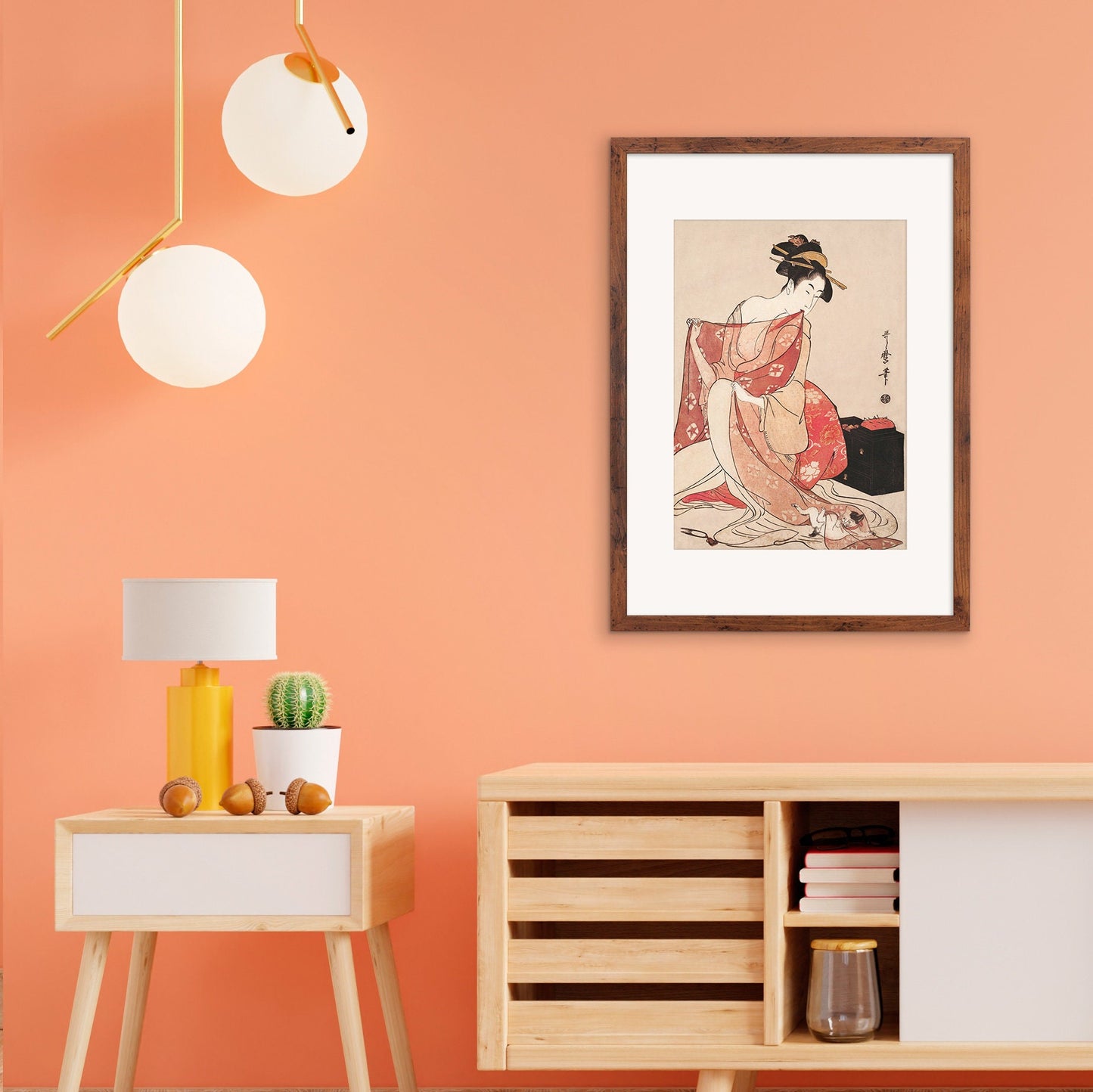 Japanese Art Geisha Cat Framed Mounted Ukiyo-e Wall Decor Print Poster Woodblock Kitagawa Utamaro Maiko Neko Kimono Tattoo Cute Beautiful A2