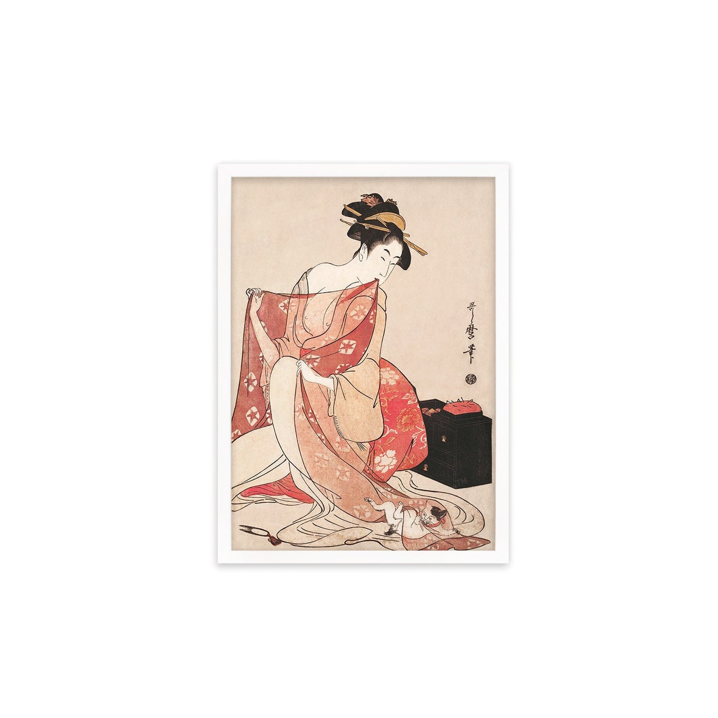 Japanese Art Geisha Cat Framed Mounted Ukiyo-e Wall Decor Print Poster Woodblock Kitagawa Utamaro Maiko Neko Kimono Tattoo Cute Beautiful A2