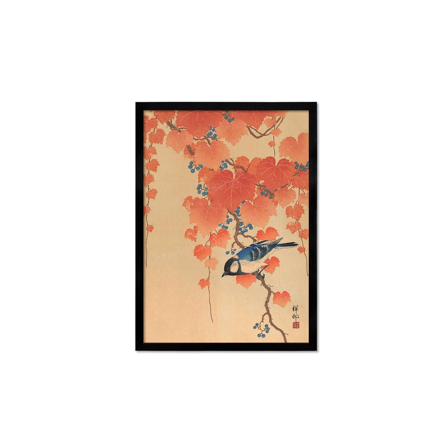 Japanese Art Great Tit Maple Print Poster Woodblock Ukiyo-e Ohara Koson Shoson Leaves Ivy Paulownia Bird Beautiful Aesthetic Kacho-e A3 A2