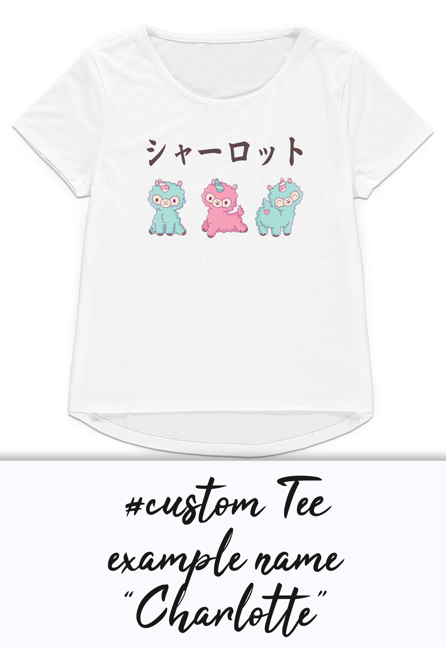 Custom Personalised T Shirt Japanese Cute Alpaca Llama Anime Manga Personalized Your Name Text Animal Womens Mens Graphic Printed Tee Top
