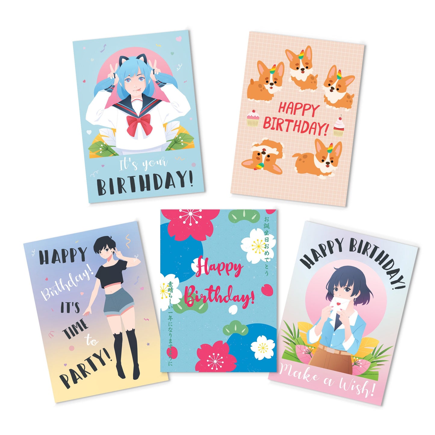 Happy Birthday Japanese Style Greeting Cards Card Set of 5 Bundle Kawaii Cute Pretty Aesthetic Anime Manga Girl Corgi Dog Puppy Sakura Mix