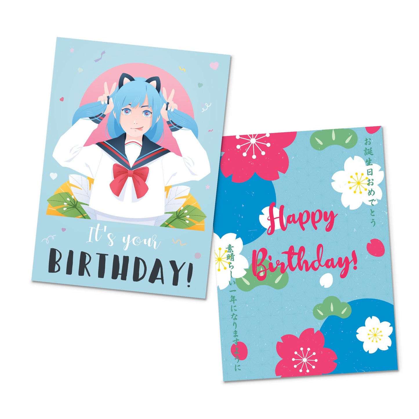 Happy Birthday Japanese Style Greeting Cards Card Set of 10 Ten Bundle Kawaii Cute Aesthetic Anime Manga Girl Alpaca Llama Dog Sushi Mix