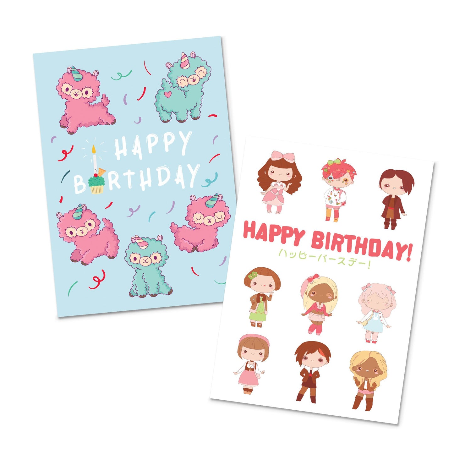 Happy Birthday Japanese Style Greeting Cards Card Set of 10 Ten Bundle Kawaii Cute Aesthetic Anime Manga Girl Alpaca Llama Dog Sushi Mix