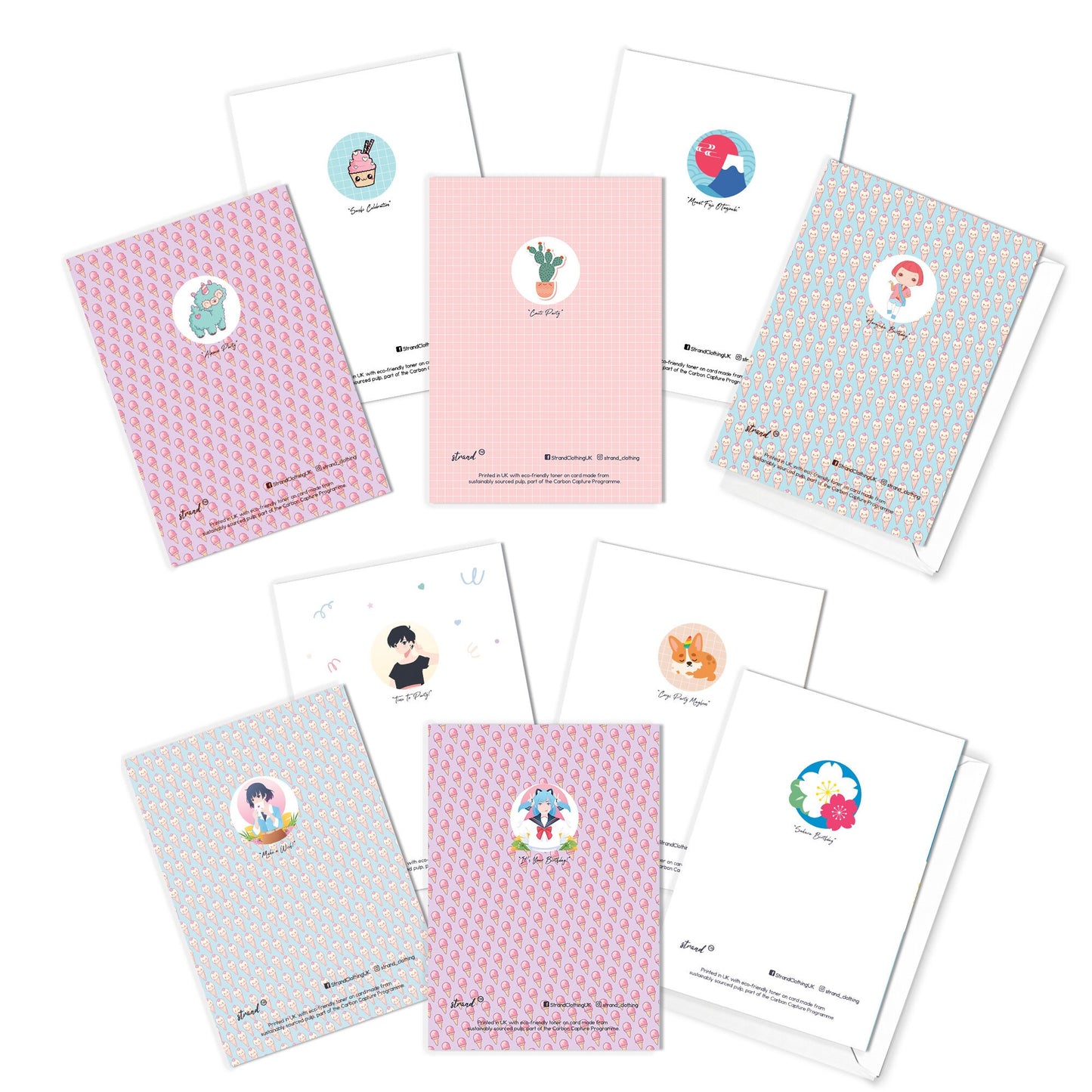 Happy Birthday Japanese Style Greeting Cards Card Set of 10 Ten Bundle Kawaii Cute Aesthetic Anime Manga Girl Alpaca Llama Dog Sushi Mix