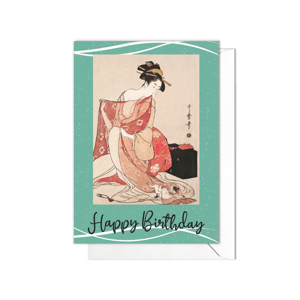 Happy Birthday Japanese Ukiyo-e Art Greeting Card Woodblock Print Aesthetic Kitagawa Utamaro Geisha Maiko Cat Neko Cute Kimono Pretty - T99