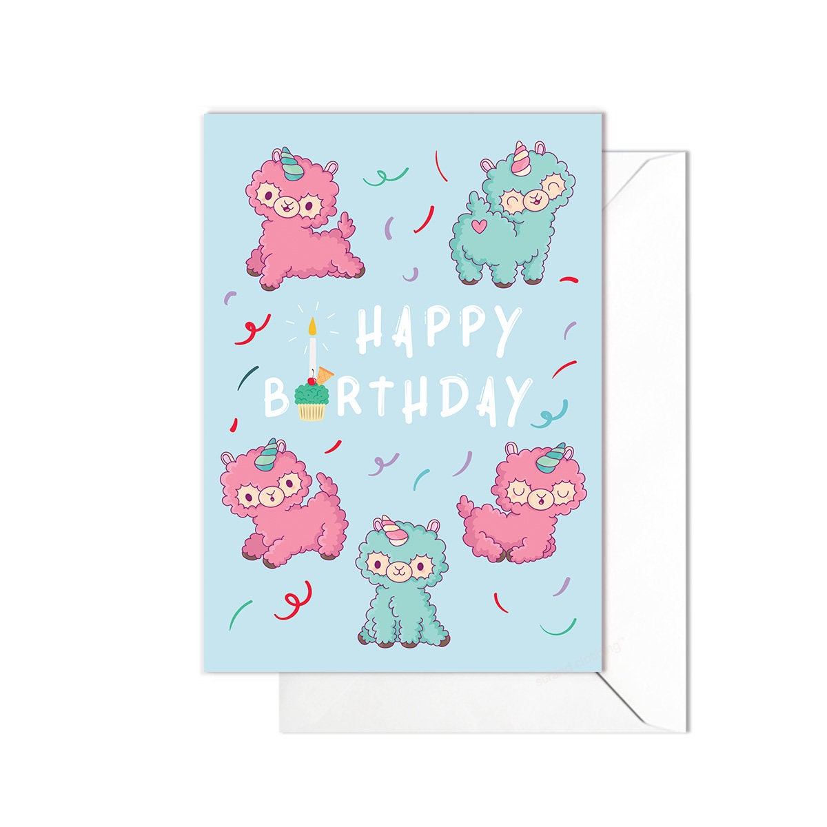 Happy Birthday Greeting Card Print Kawaii Cute Japanese Aesthetic Alpaca Llama Adorable Animal Vegan Anime Manga Art Unicorn Unique - A50