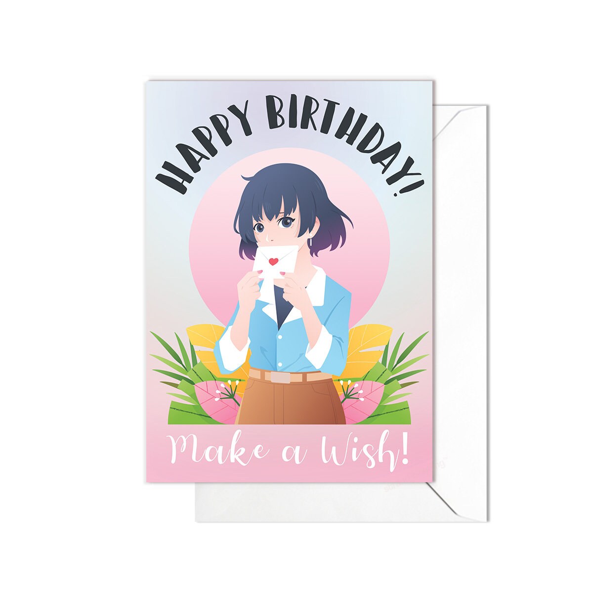 Happy Birthday Greeting Card Print Kawaii Cute Japanese Aesthetic Art Adorable Anime Manga Girl Unique Party Rainbow Pretty Pink Heart - H71