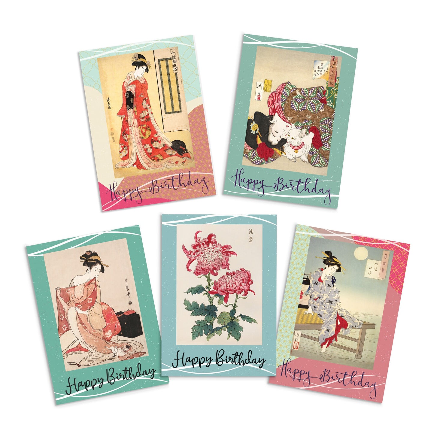 Happy Birthday Japanese Ukiyo-e Art Greeting Cards Card Set of 5 Bundle Woodblock Print Aesthetic Hiroshige Hokusai Elegant Maiko Flowers