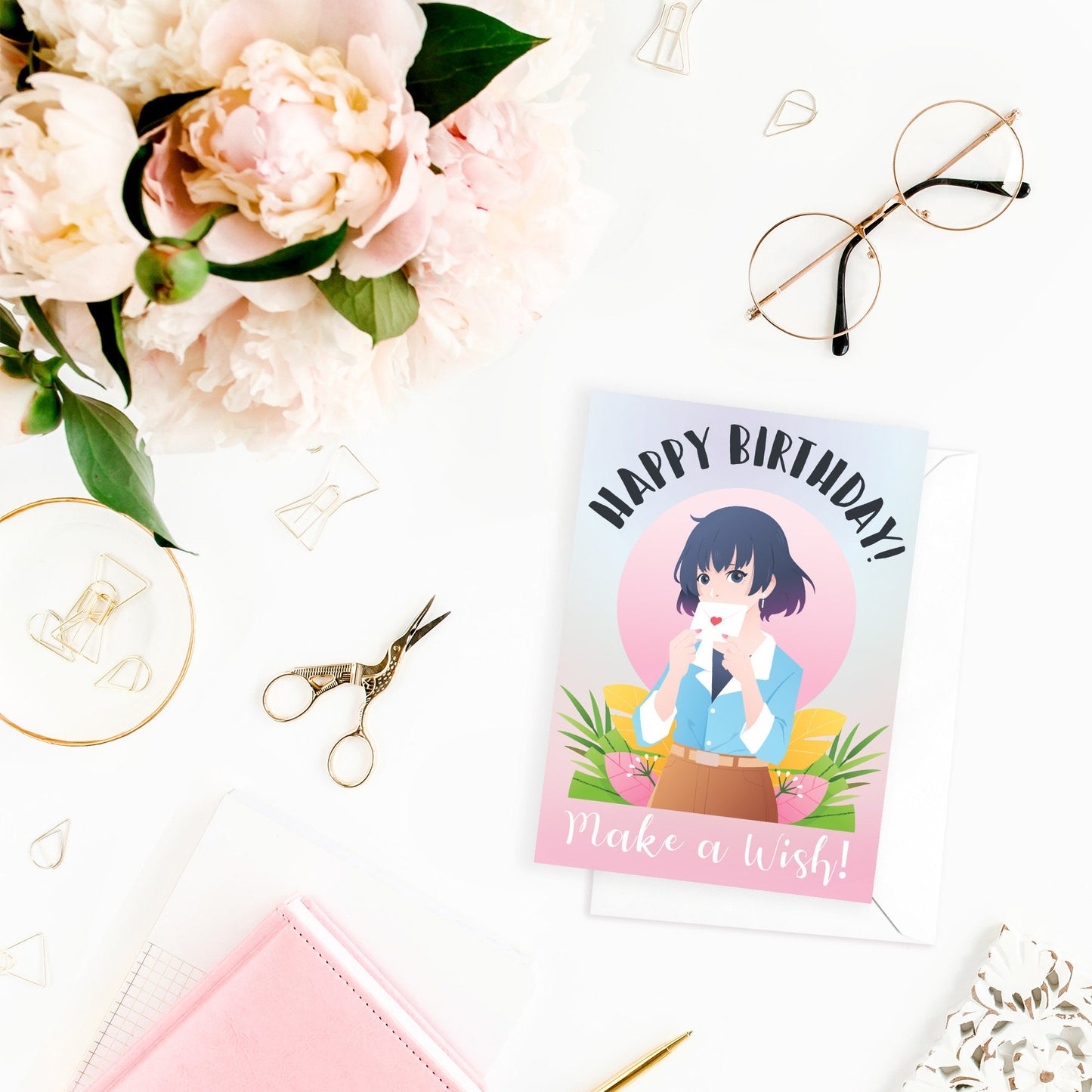 Happy Birthday Japanese Style Greeting Cards Card Set of 5 Bundle Kawaii Cute Pretty Aesthetic Anime Manga Girl Corgi Dog Puppy Sakura Mix