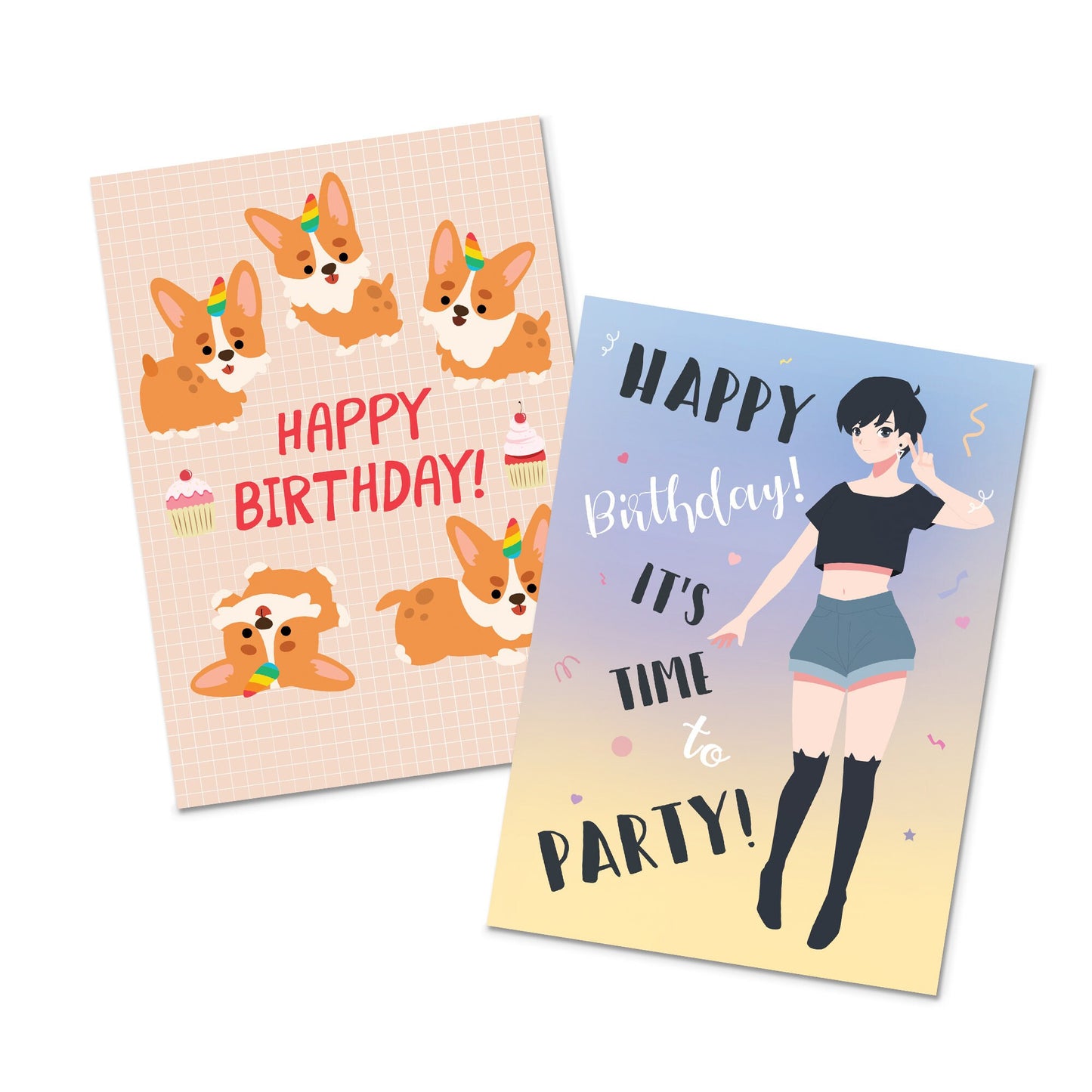 Happy Birthday Japanese Style Greeting Cards Card Set of 10 Ten Bundle Kawaii Cute Aesthetic Anime Manga Girl Alpaca Llama Dog Sushi Mix