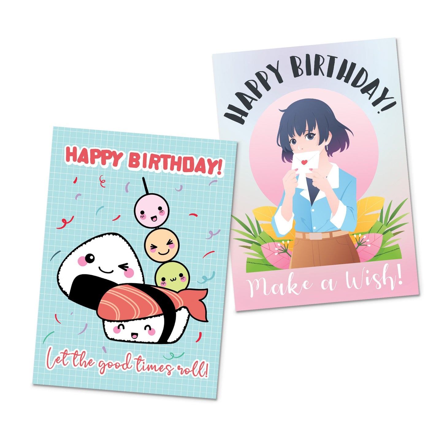 Happy Birthday Japanese Style Greeting Cards Card Set of 10 Ten Bundle Kawaii Cute Aesthetic Anime Manga Girl Alpaca Llama Dog Sushi Mix