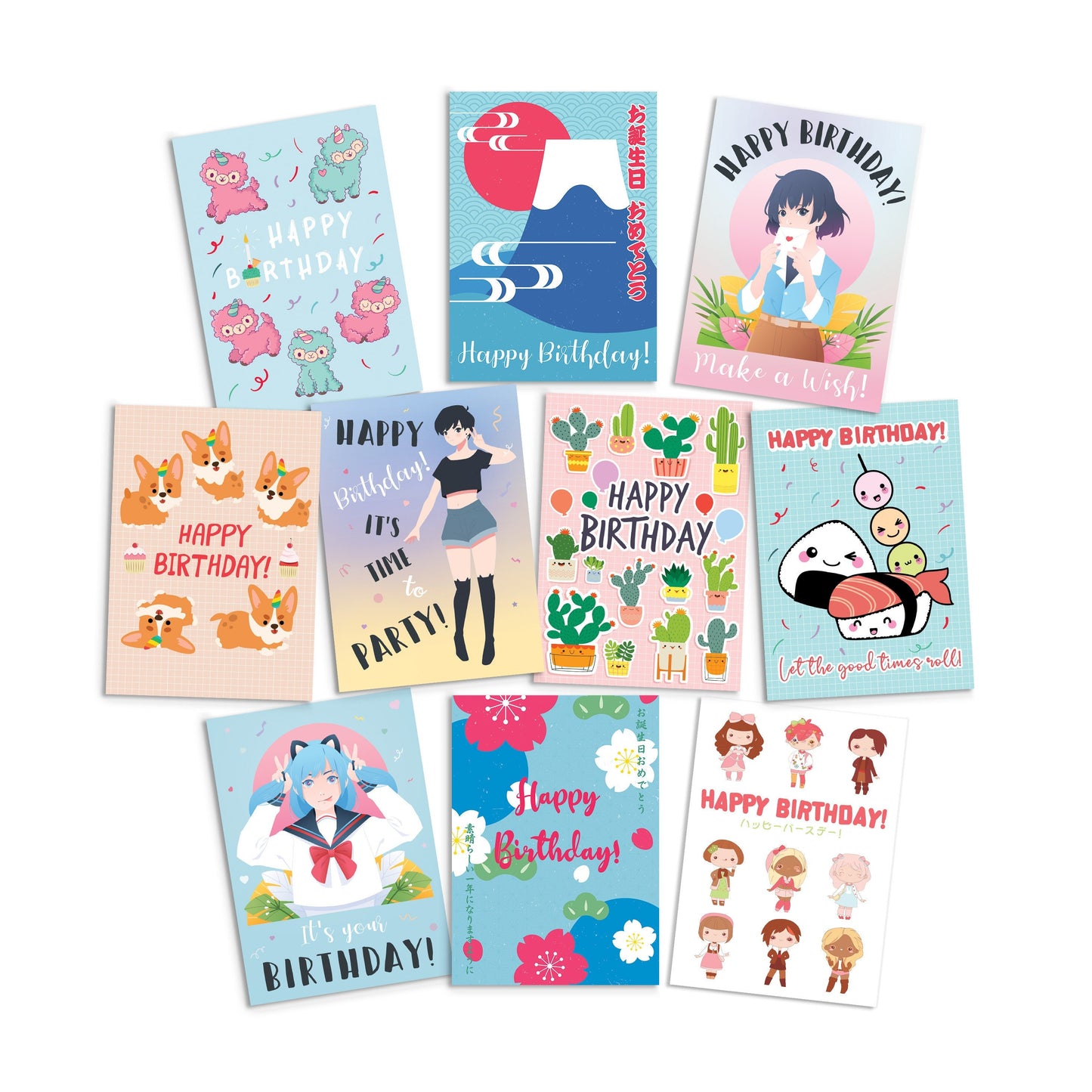 Happy Birthday Japanese Style Greeting Cards Card Set of 10 Ten Bundle Kawaii Cute Aesthetic Anime Manga Girl Alpaca Llama Dog Sushi Mix