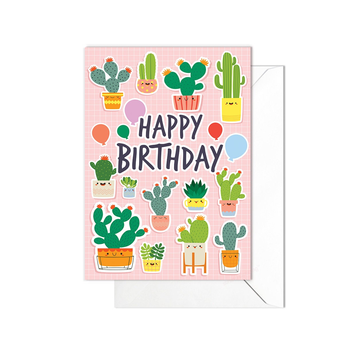 Happy Birthday Greeting Card Print Kawaii Cute Japanese Aesthetic Cactus Cacti with Faces Funny Anime Manga Art Unique Succulents Palm - C14