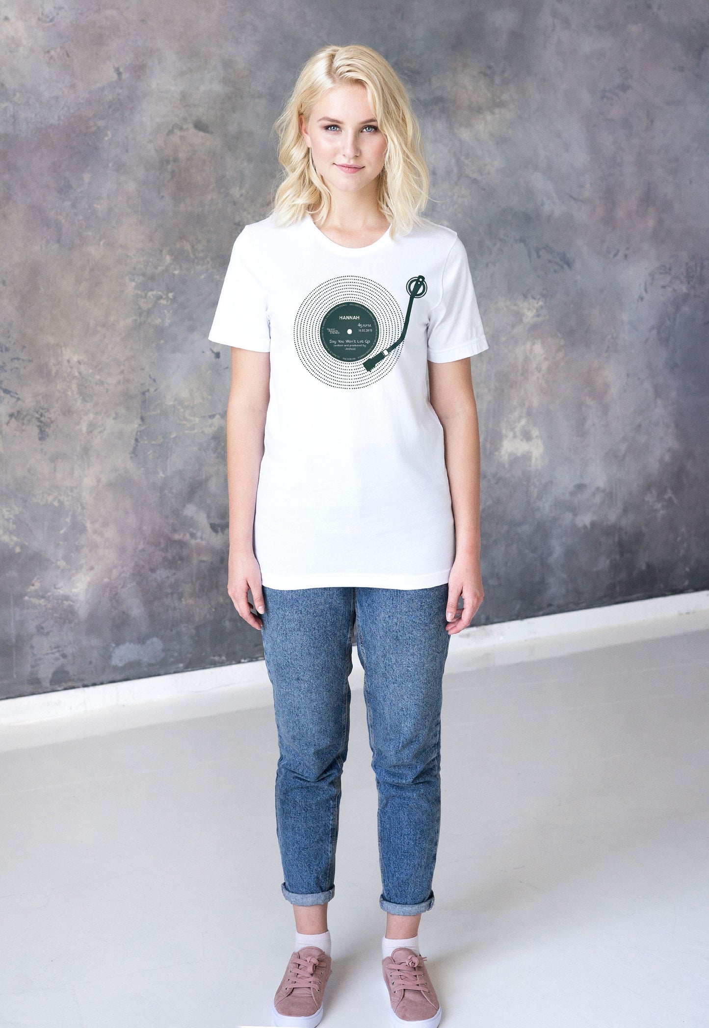 Custom Name Vinyl LP Record Label T Shirt Decks Turntable Personalized Choose Your Text Song Retro Drum & Bass DJ Men's Women's Printed Tee