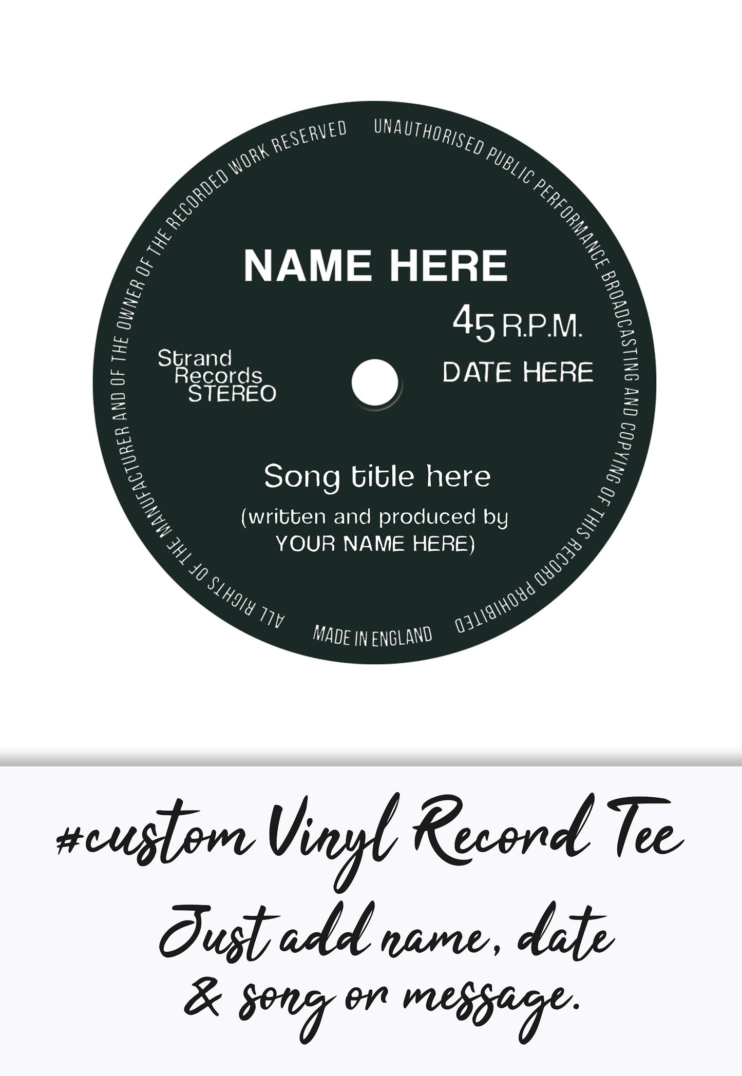 Custom Name Vinyl LP Record Label T Shirt DJ Turntable Personalized Choose Your Text Song Retro Birthday Mr & Mrs Womens Mens Printed Tee