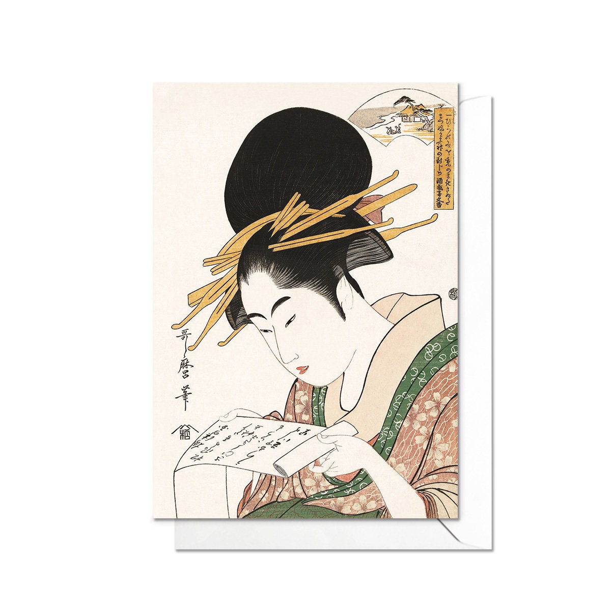 Beauty Reading Japanese Ukiyo-e Art Greeting Card Woodblock Print Aesthetic Geisha Maiko Kitagawa Utamaro Beautiful Elegant Luxury - L75