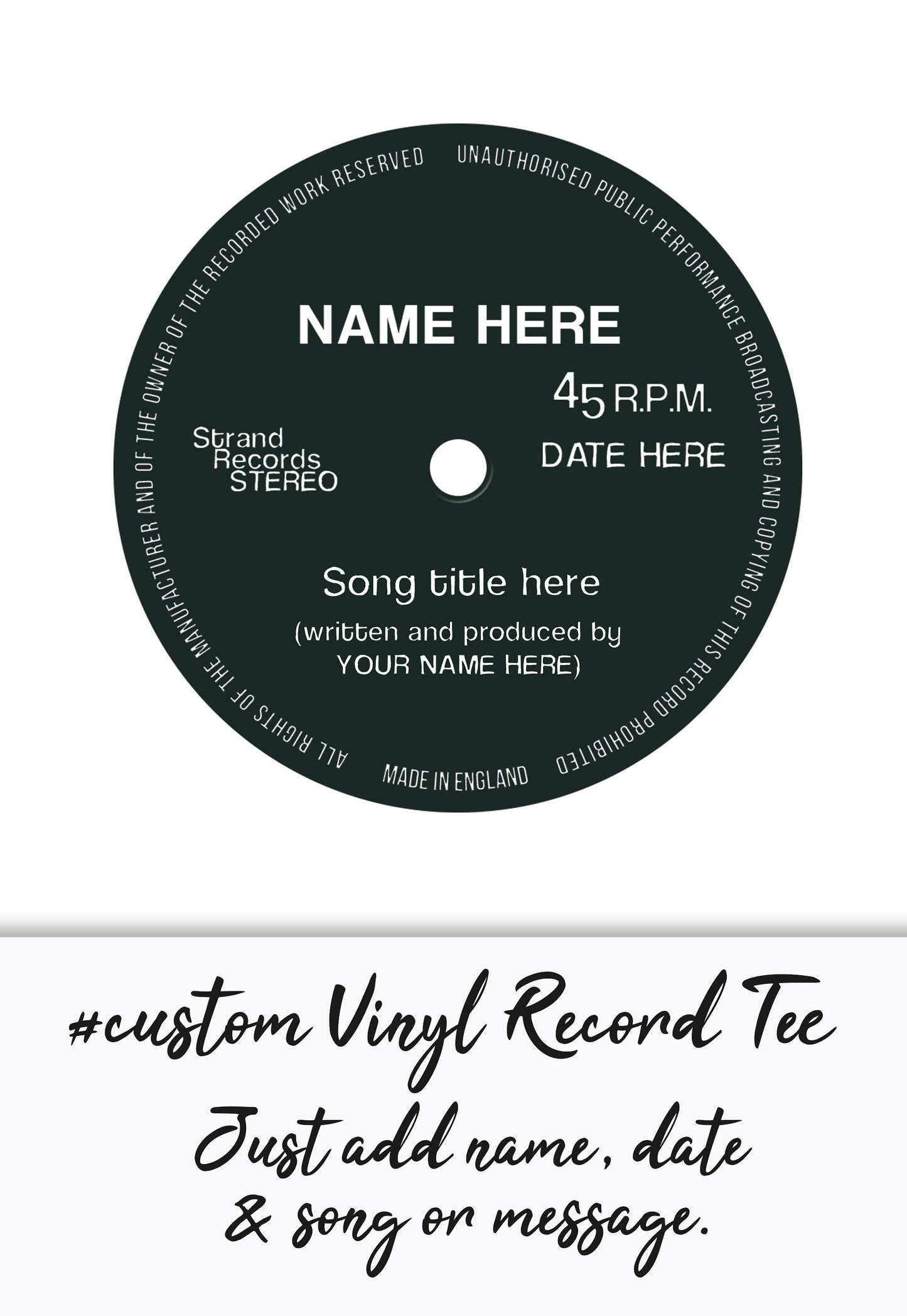 Custom Name Vinyl LP Record Label T Shirt Decks Turntable Personalized Choose Your Text Song Retro Drum & Bass DJ Men's Women's Printed Tee