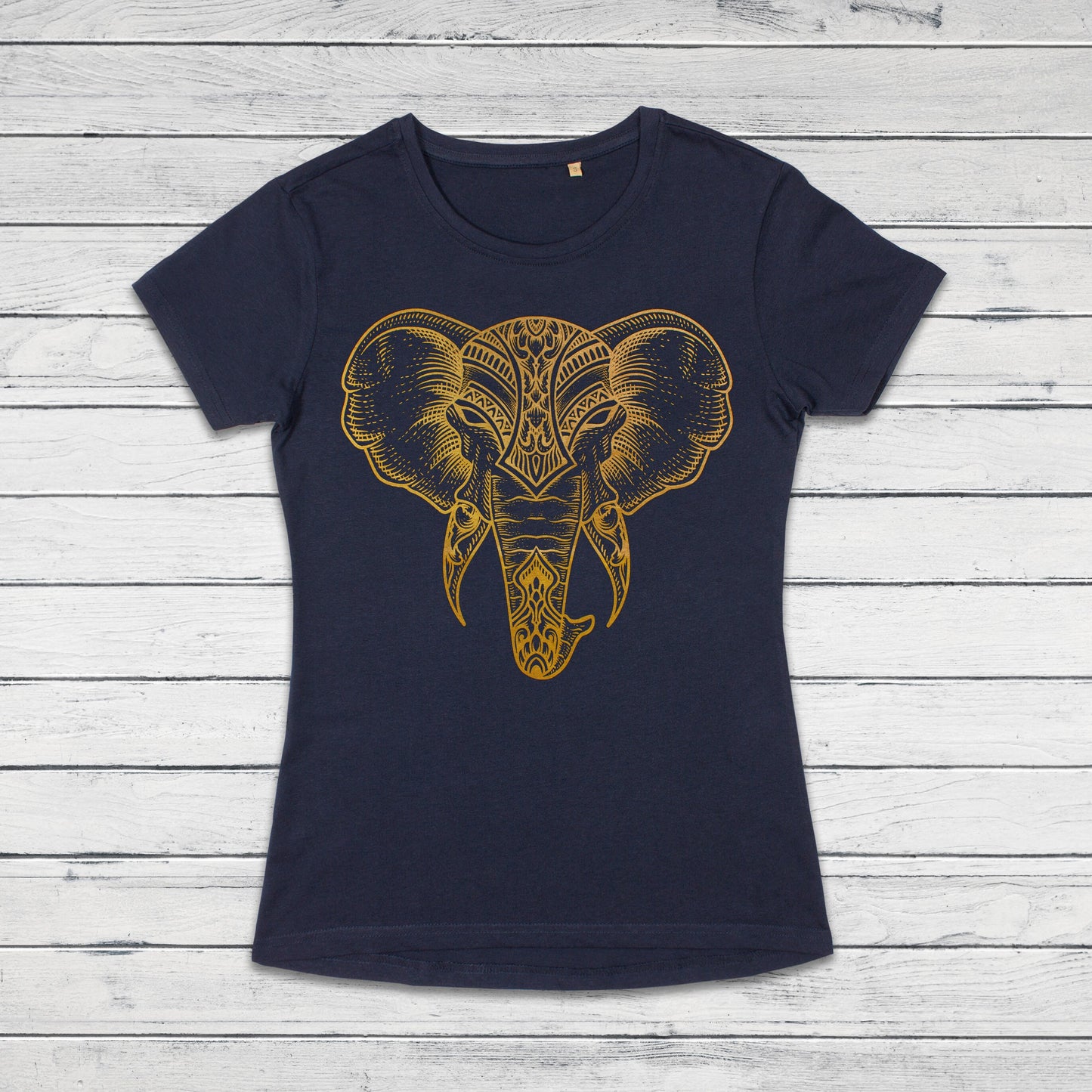 Elephant T Shirt Traditional Indian Henna Tattoo Gold Print Yoga Inspirational Mandala Buddhism Hindu Organic Cotton Women Girls Printed Tee